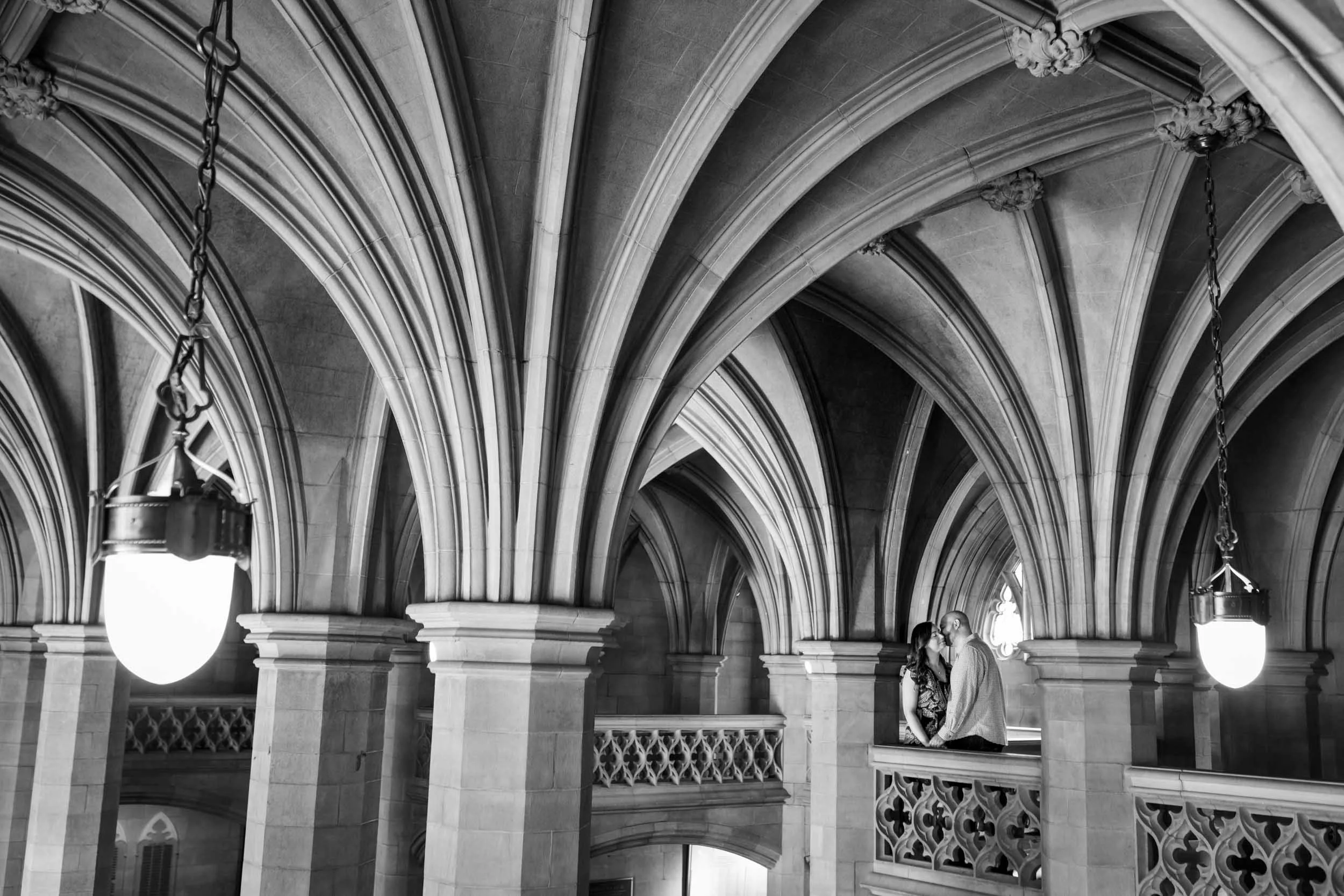 Black and white architectural detail of intersecting Gothic vaults at Knox College, University of Toronto in Toronto, Ontario