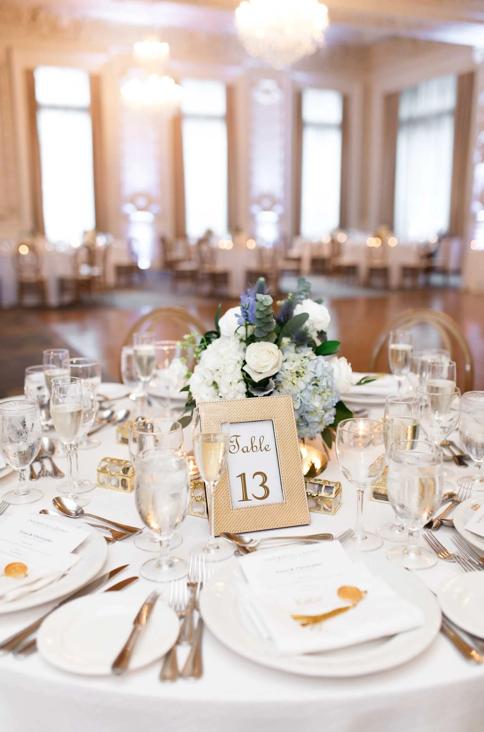 Wedding tablescape detail inside the Sovereign Ballroom at Omni King Edward Hotel