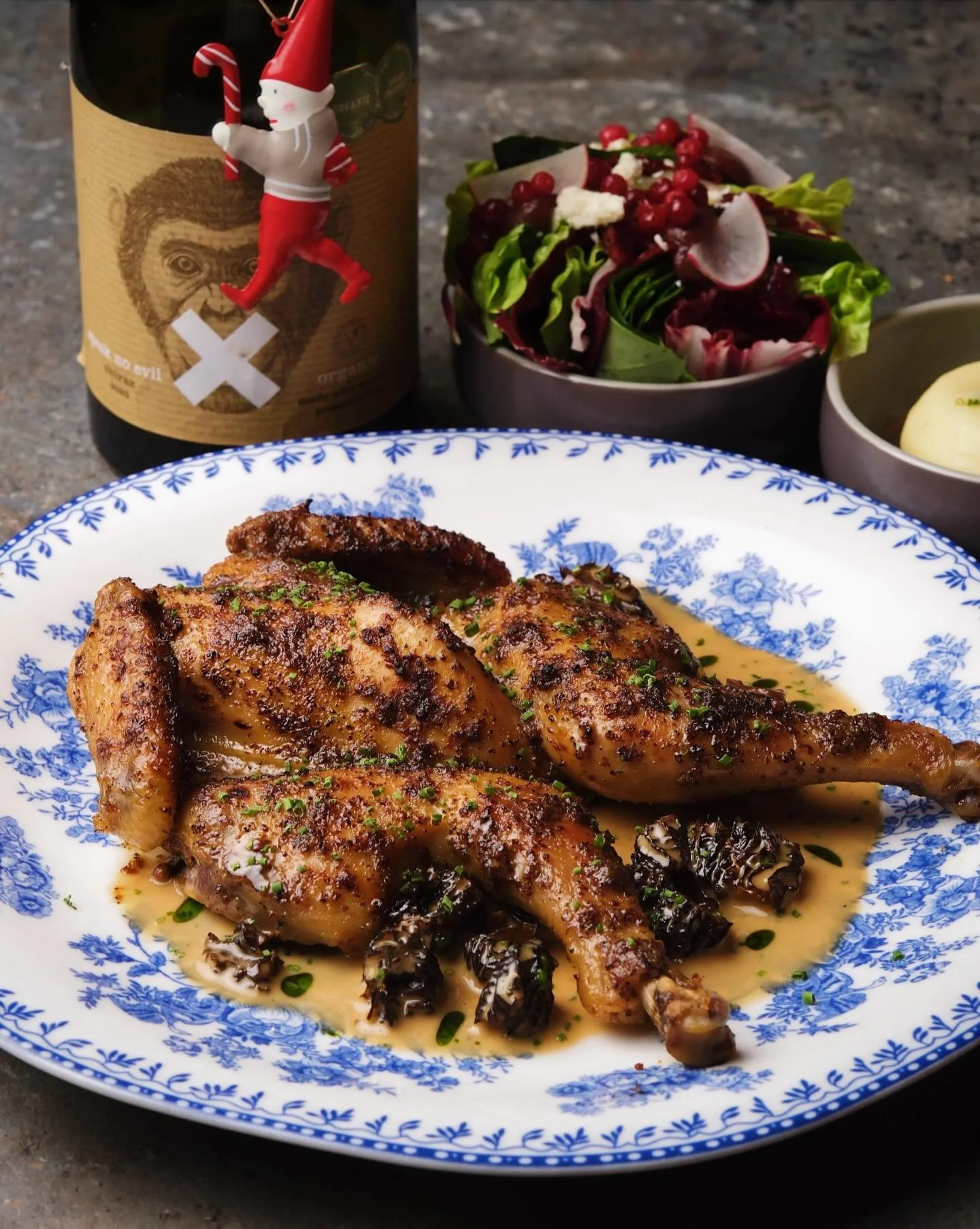 Our favourite this holiday season: Honey Mustard Glazed Spatchcock with truffle mashed potatoes, morel velout&eacute; and seasonal salad. Best paired with a bottle of wine 🍷
