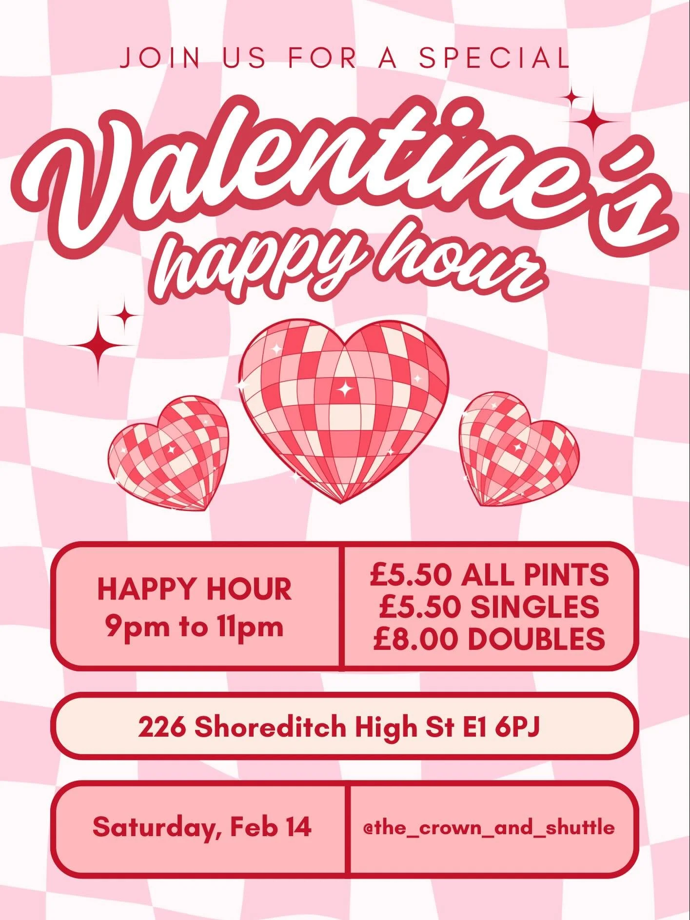 💌You&rsquo;ve heard of our weekday happy hour but this Saturday, we&rsquo;re bringing it over for one very special day! 
❤️Come join us on Valentine&rsquo;s day wheather it&rsquo;s with your lover, friends, or even just a solo date! 
⏰Starting from 