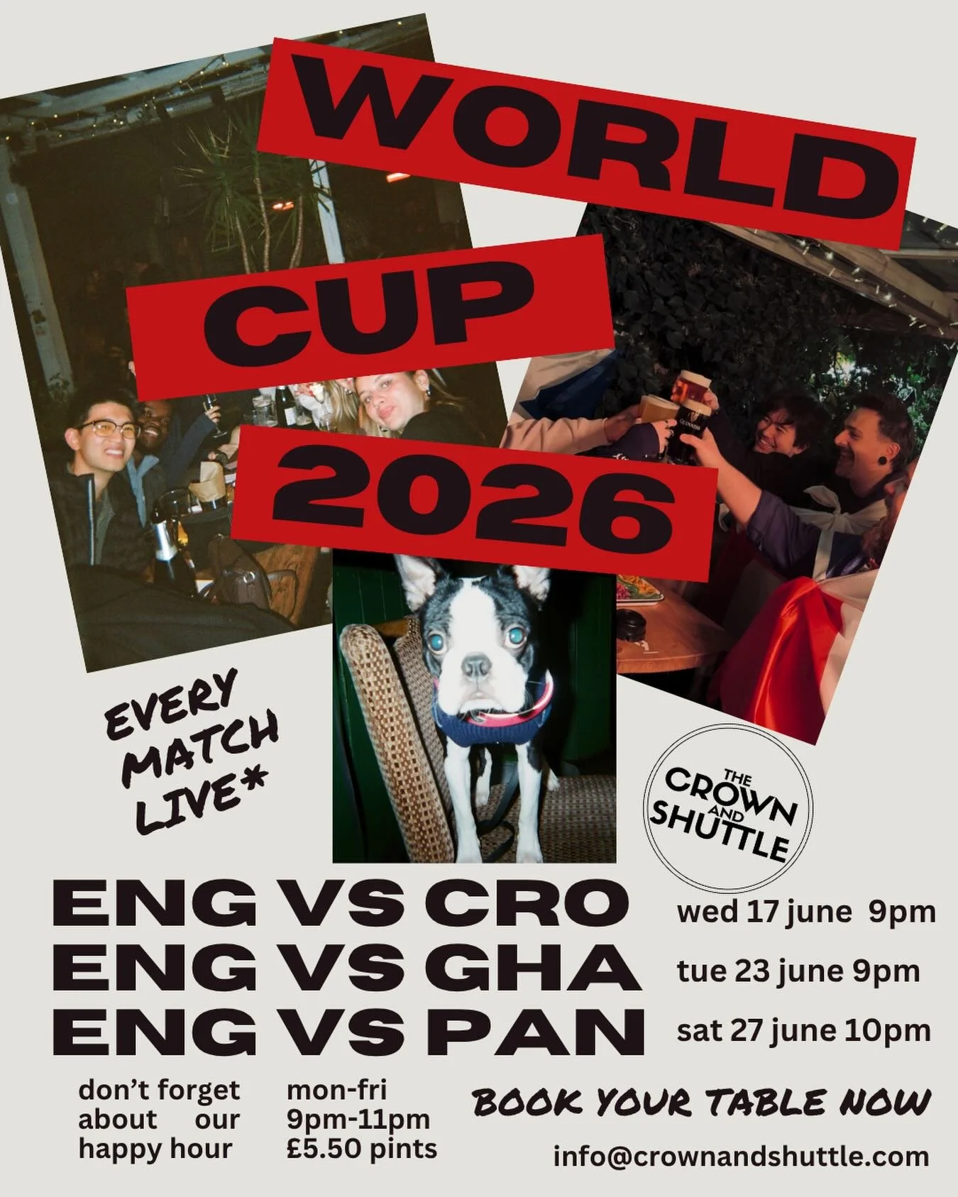 ⚽️Less than a month to go for the 2026 World Cup!! 
📺*We&rsquo;ll be showing England matches live from our lovely pub. 
🍽️WANNA PRE-ORDER FOOD AND DRINKS?? Email us at info@crownandshuttle.com to book one of our many food and drinks packages. 
🍻Ho