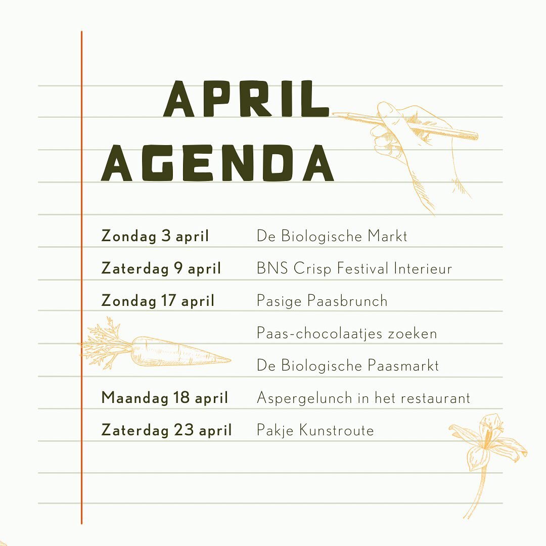 📅 Pak je agenda en vul &lsquo;m met al dit leuks van De Groene Afslag!

Met zondag a.s. uiteraard weer onze biomarkt, de funky Festival Interieurbeurs op 𝟵 𝗮𝗽𝗿𝗶𝗹, een en al Pasen op 𝘇𝗼𝗻𝗱𝗮𝗴 𝟭𝟳 𝗮𝗽𝗿𝗶𝗹 met een royale paasbrunch, een p