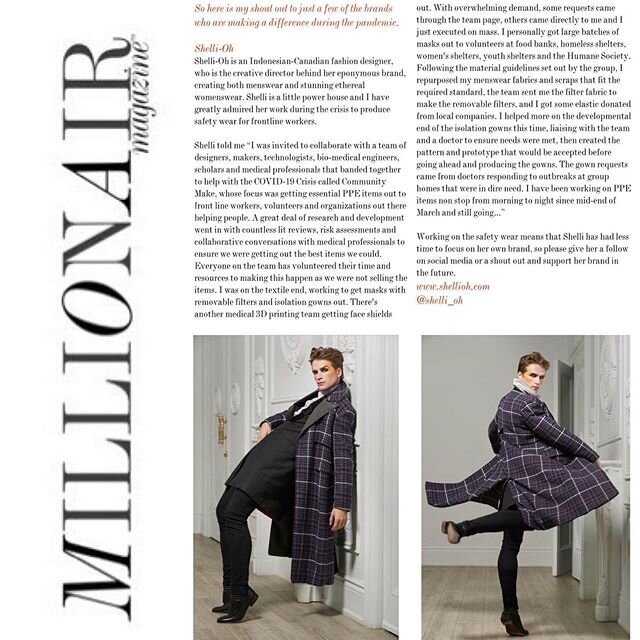 such a lovely write up in @millionair_mag by @alijaynelowe on our continued efforts to get PPE items out to volunteers and organizations out there helping people. thanks so much for your support!
. . .

photo credits - model: @nationalballet principa