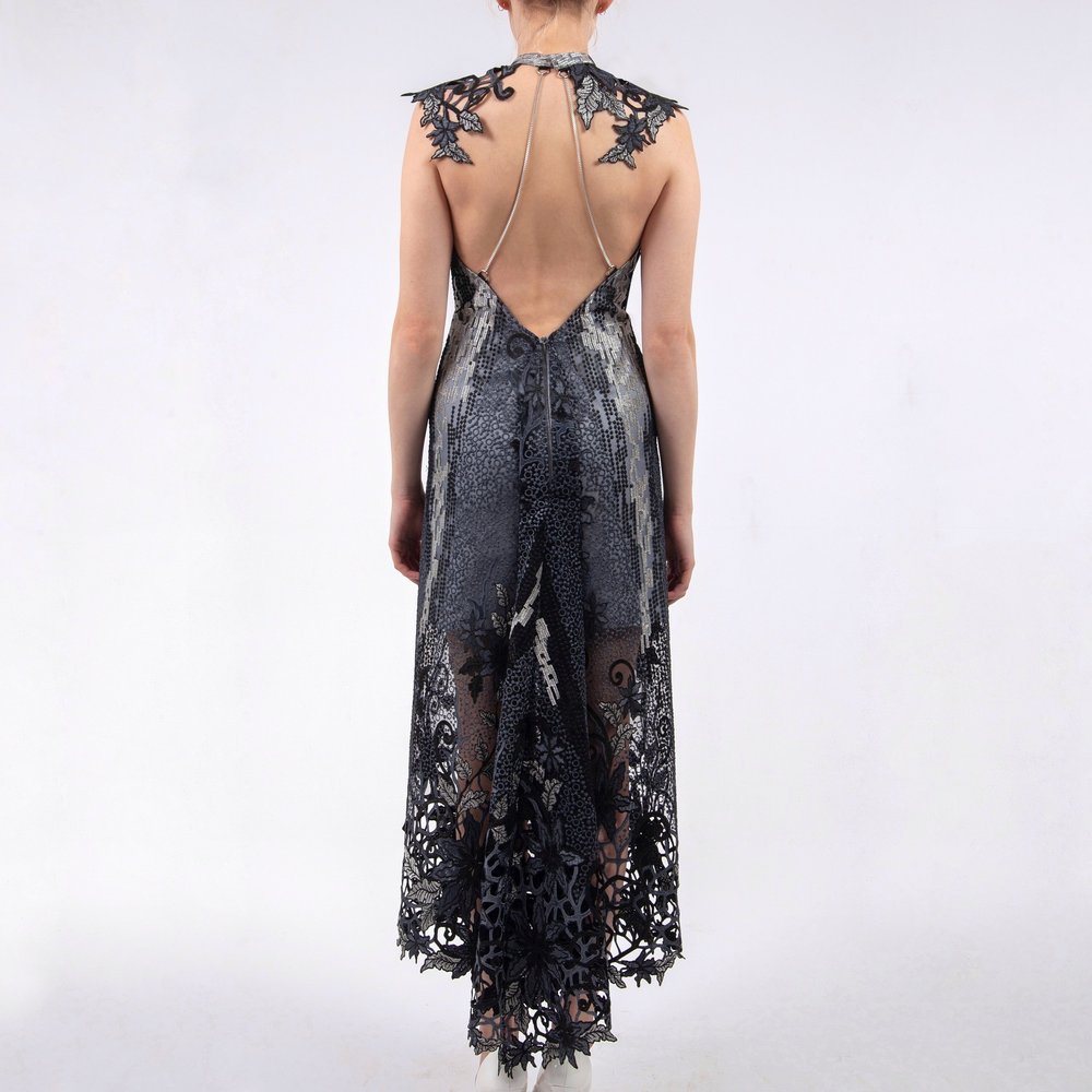 art deco lace open back gown  shelli oh