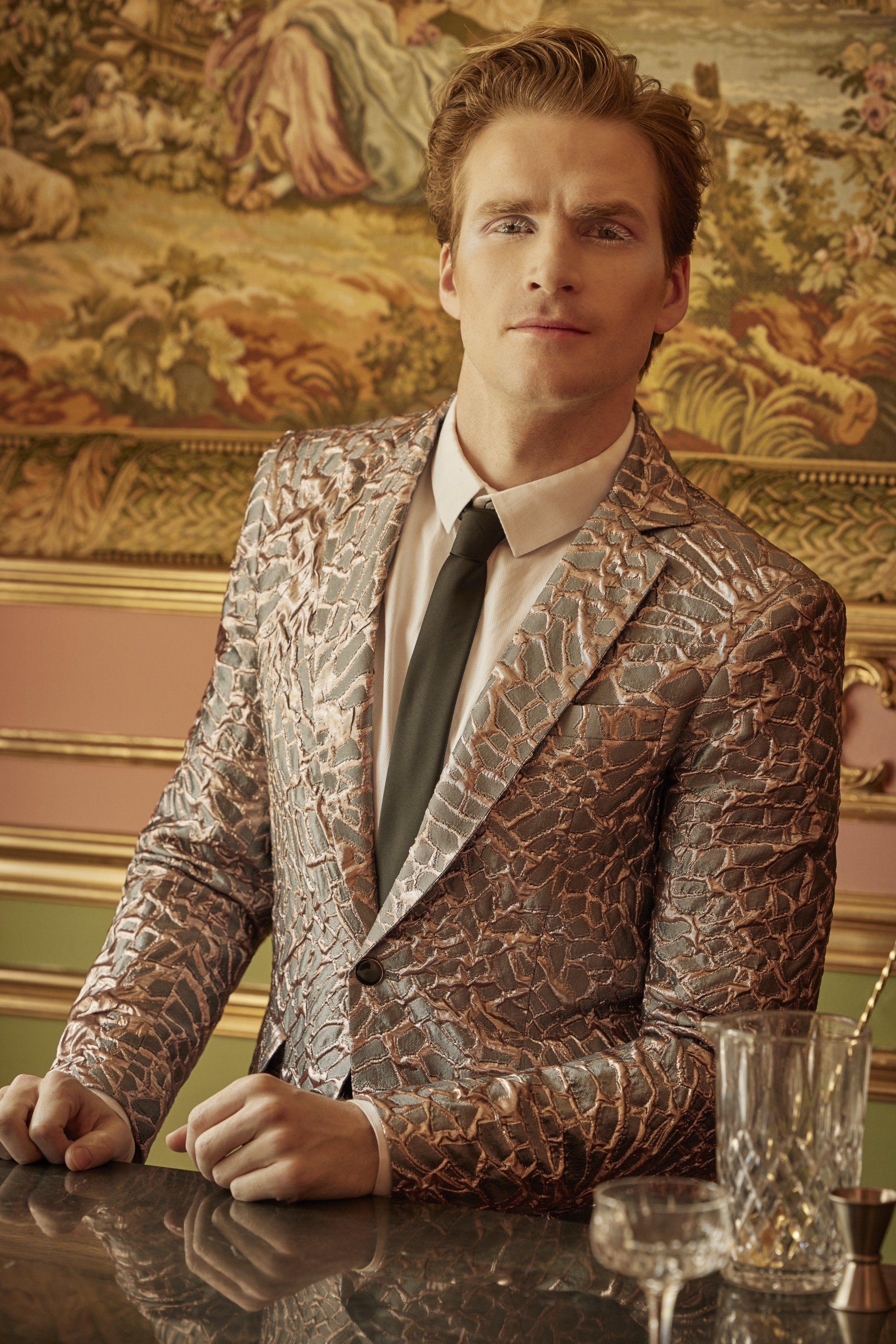 abstract rose gold metallic brocade jacket