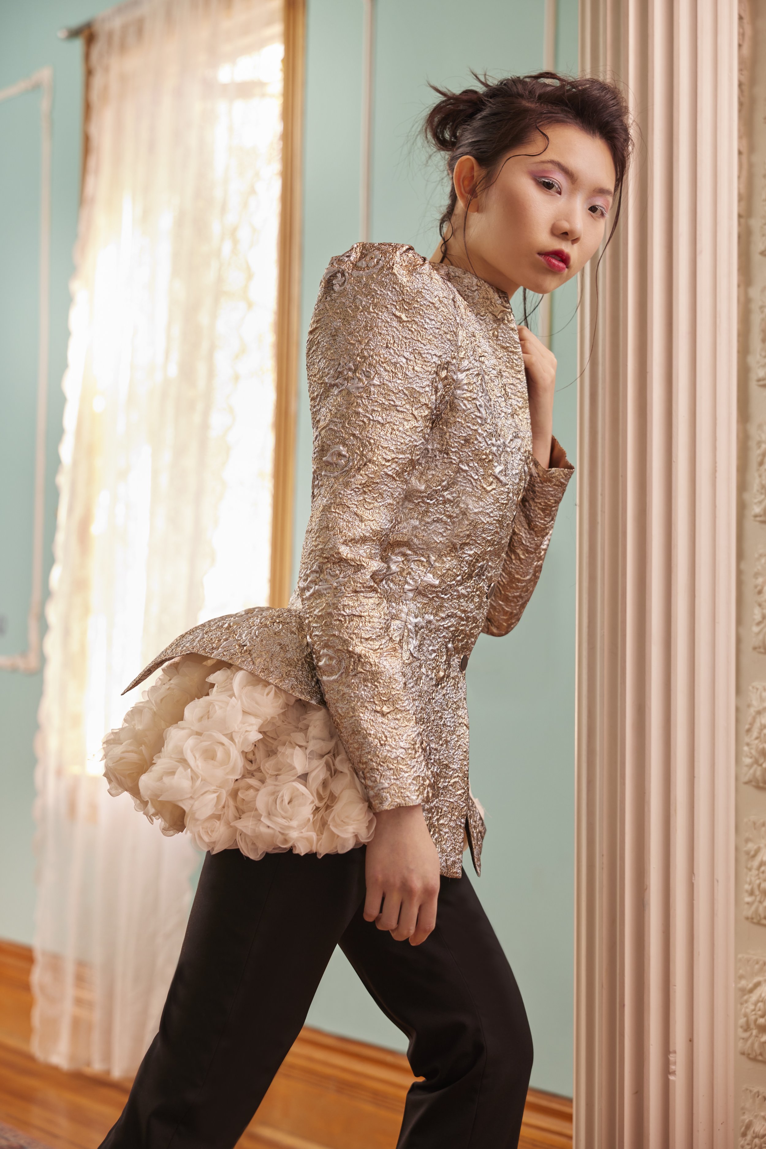 mixed metal brocade sculpted jacket w/ rose cluster bustle