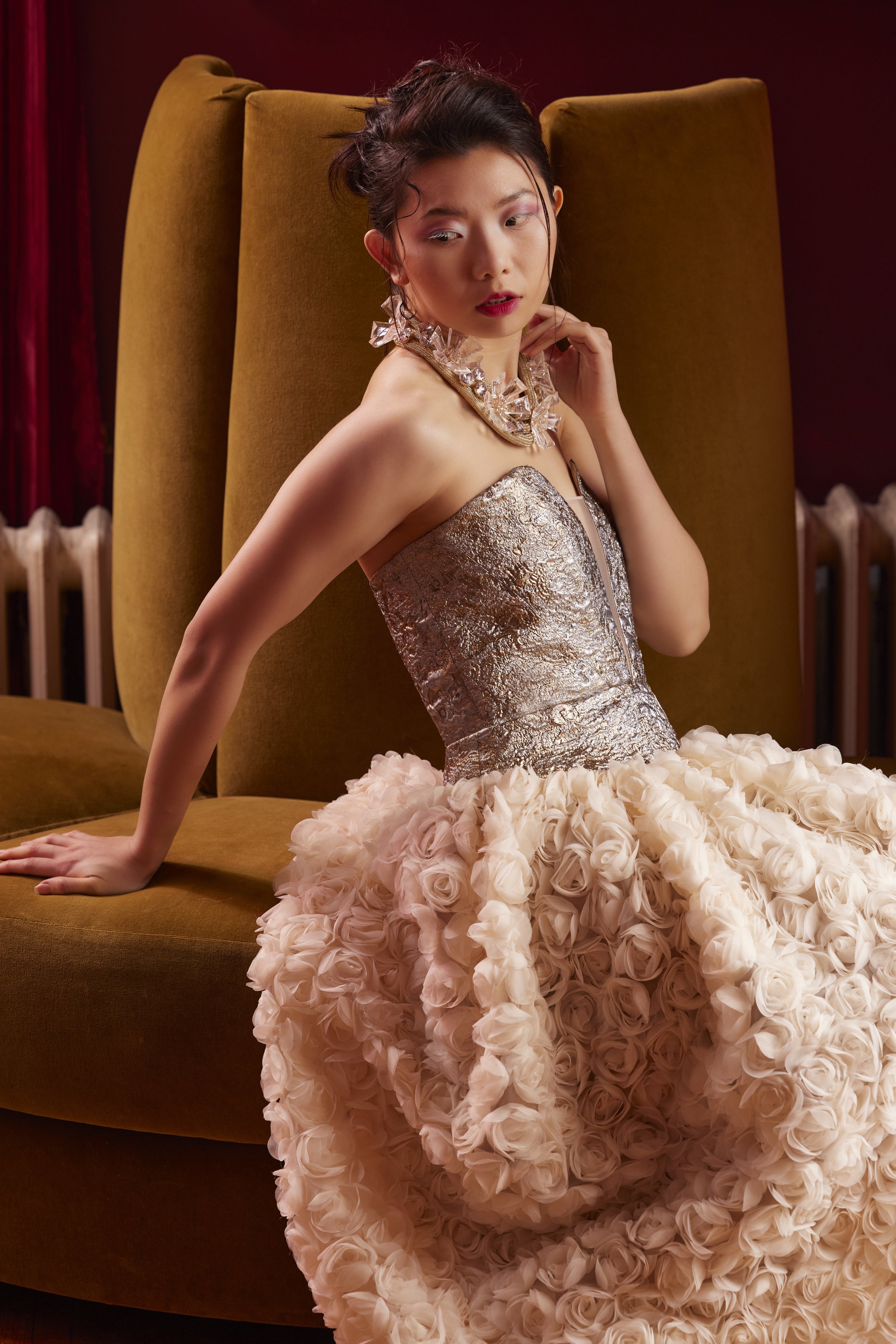 mixed metal brocade and rose cluster gown