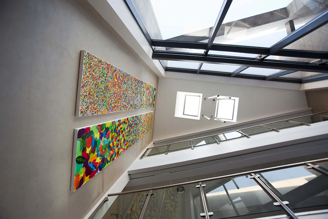 An obtuse aspect from the foyer of the North South Ministerial Building in Armagh Northern Ireland. The overall dimensions of this dyptch is 5 x 1.3 Meters.
