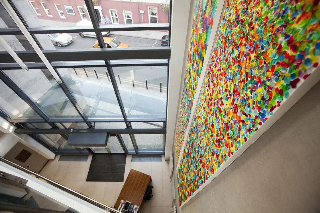 Third floor aspect of the commission paintings in the North South Ministerial Building in Armagh Northern Ireland. The design concept was based on the collaborative work processes of northern and southern senior civil servants in matters relating to cross border economics and culture. September 2011.
