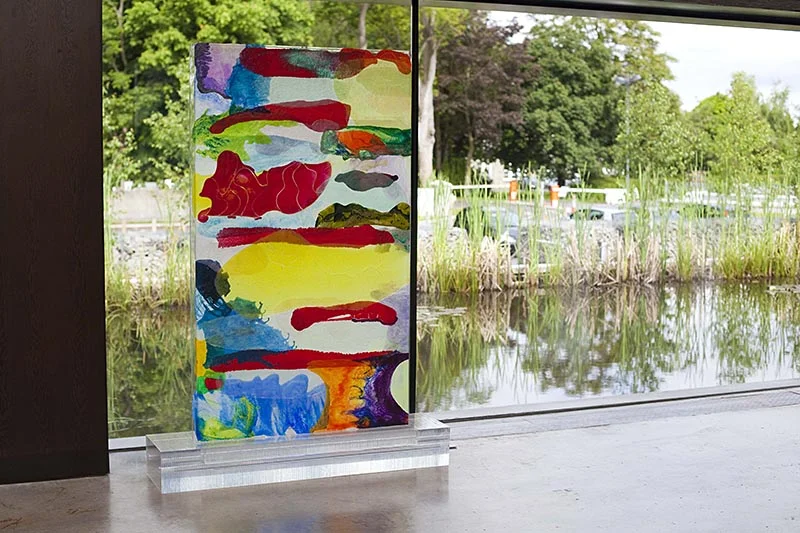  This artwork created on a custom designed acrylic plate box set into a multiple plate acrylic pedestal is entitled RED SAILS. It is seen here at the 30 year retrospective of the Carlow Éigse Festival, 2010 in the VISUAL ART CENTRE. This shot is the 
