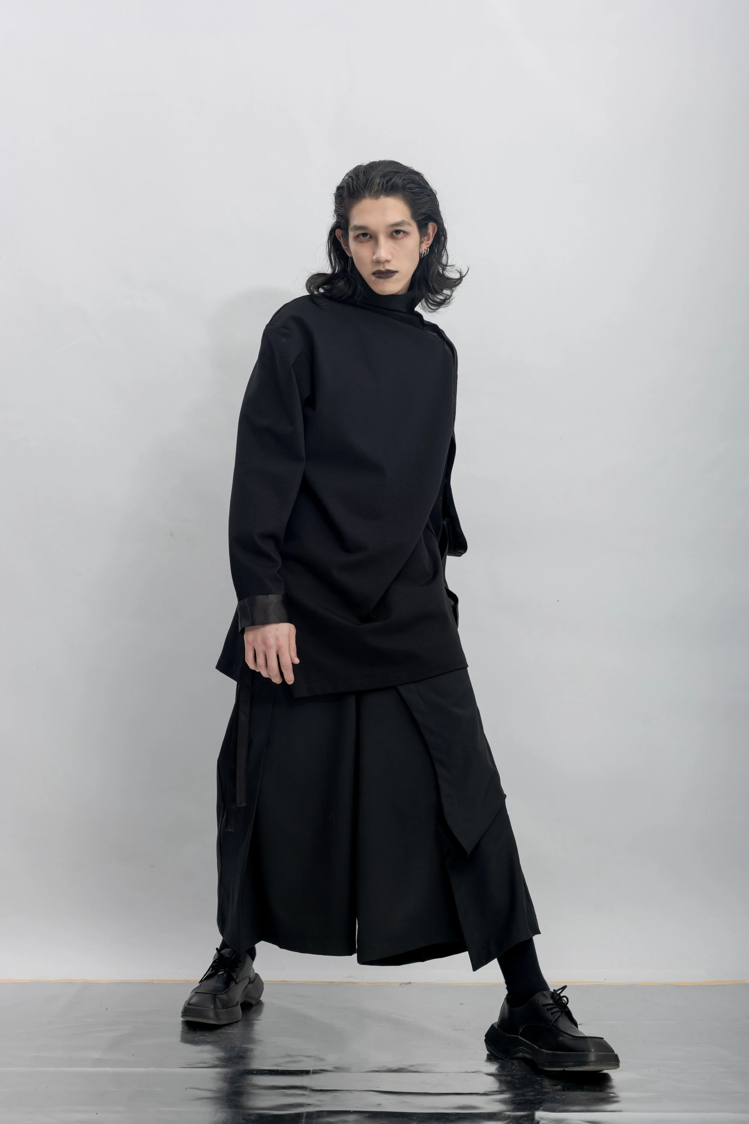 INF Deconstructed One-Sleeve Stand Collar Top  Black (27).jpg