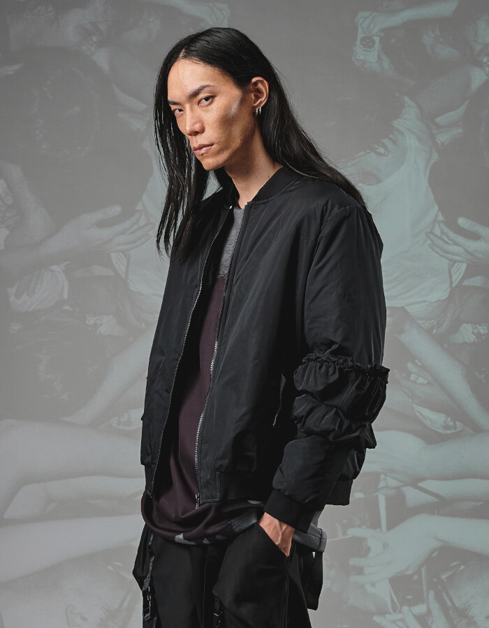 Sleeve-Drapping Baseball Jacket 