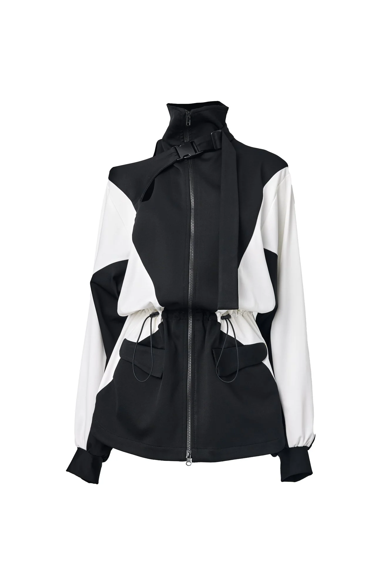 INFDARK Asymmetric Cinched-Waist Jacket  Black-White (10).jpg
