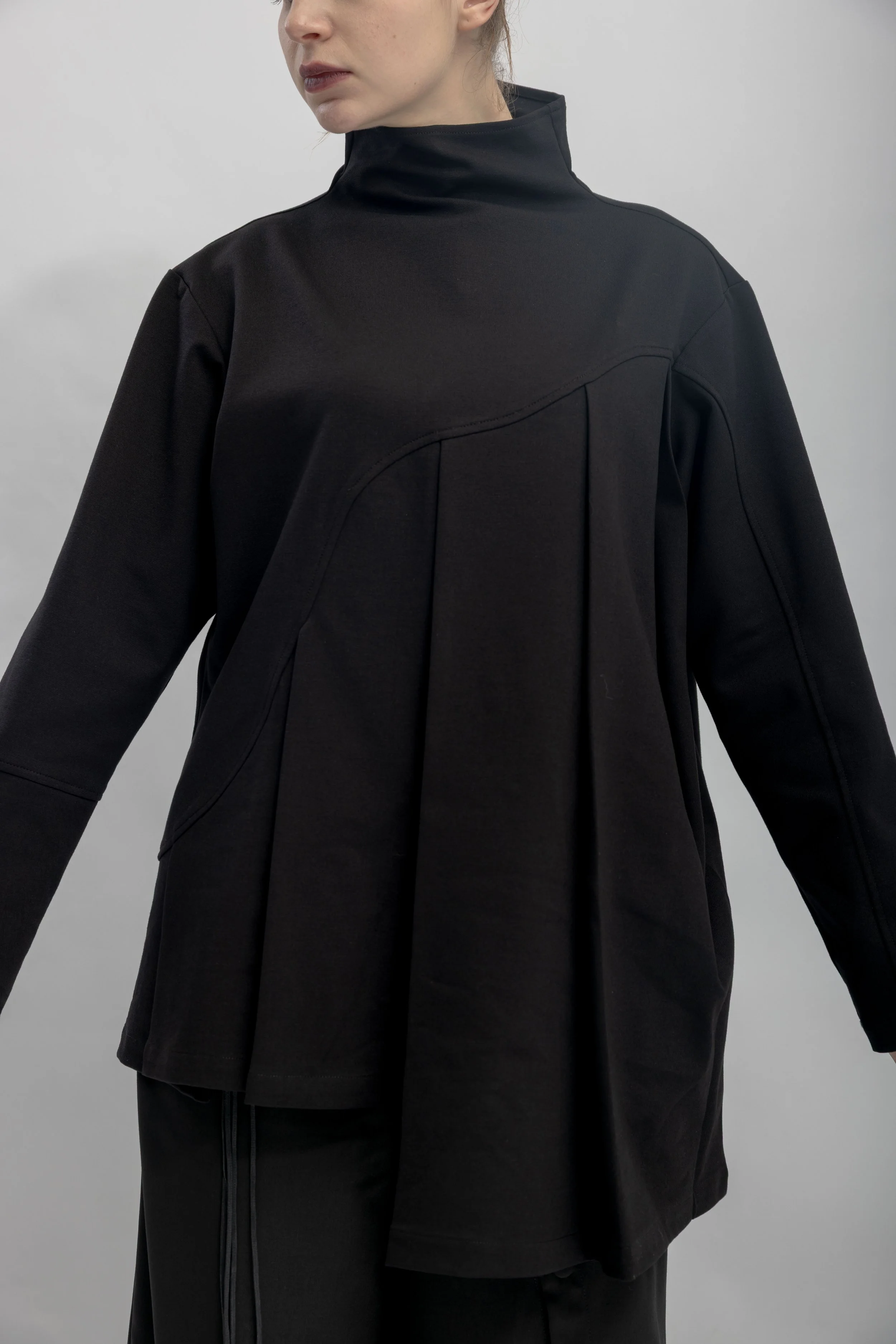INF Stand Collar Pleated Asymmetric Cut Top (7).jpg