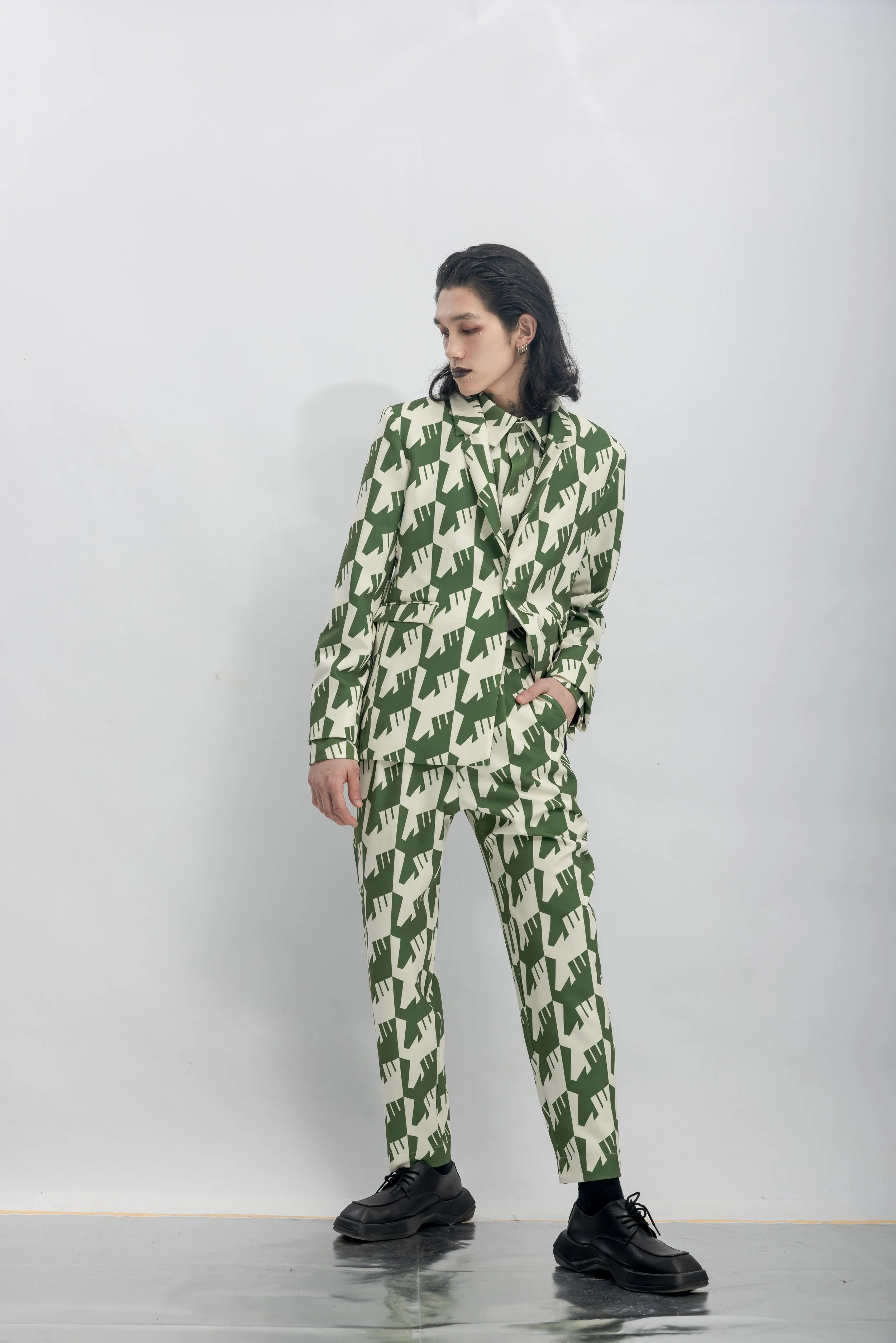 INF  Raven Houndstooth Print Blazer  Olive Green (11).jpg