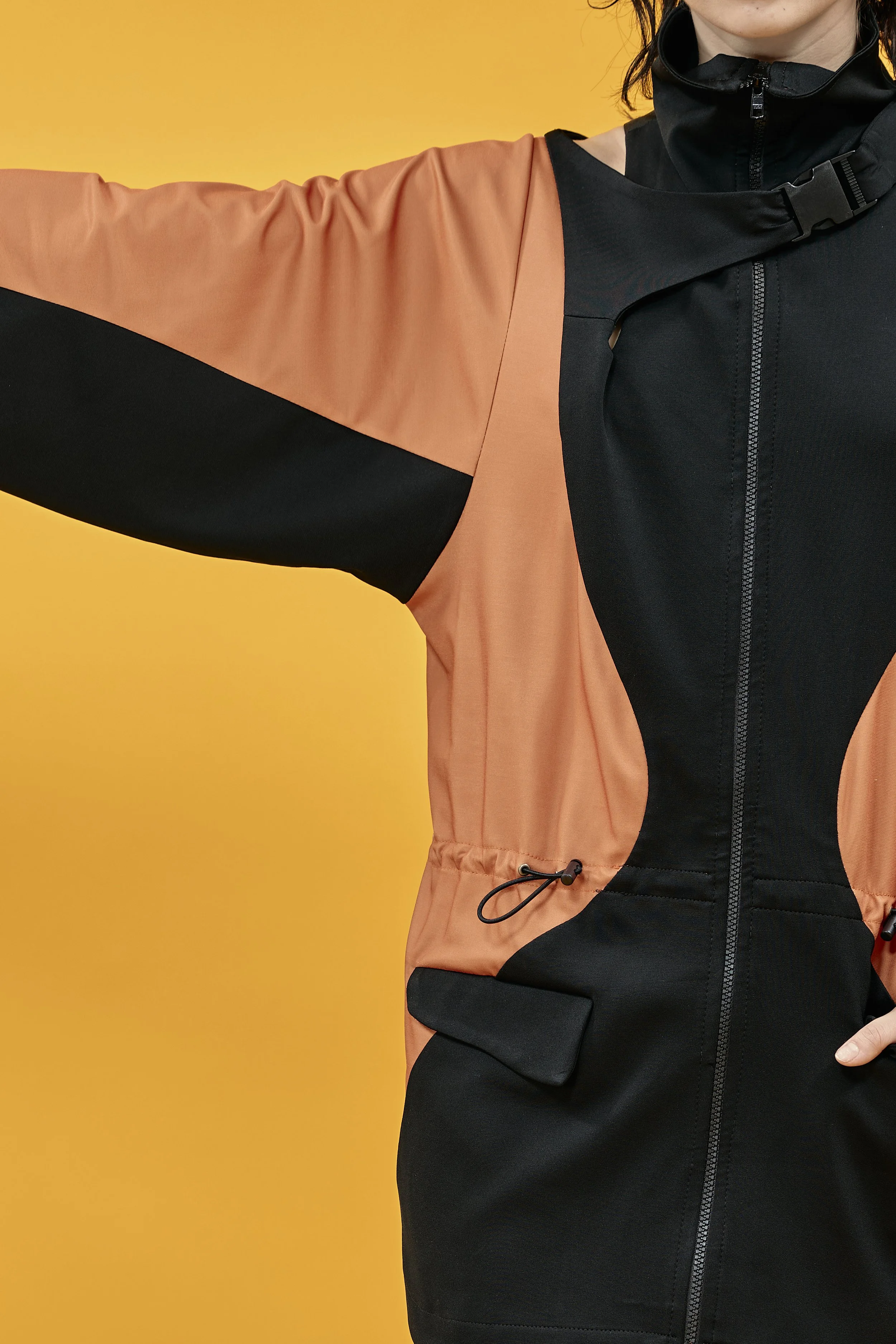 INFDARK Asymmetric Cinched-Waist Jacket  Black-Orange (1).jpg