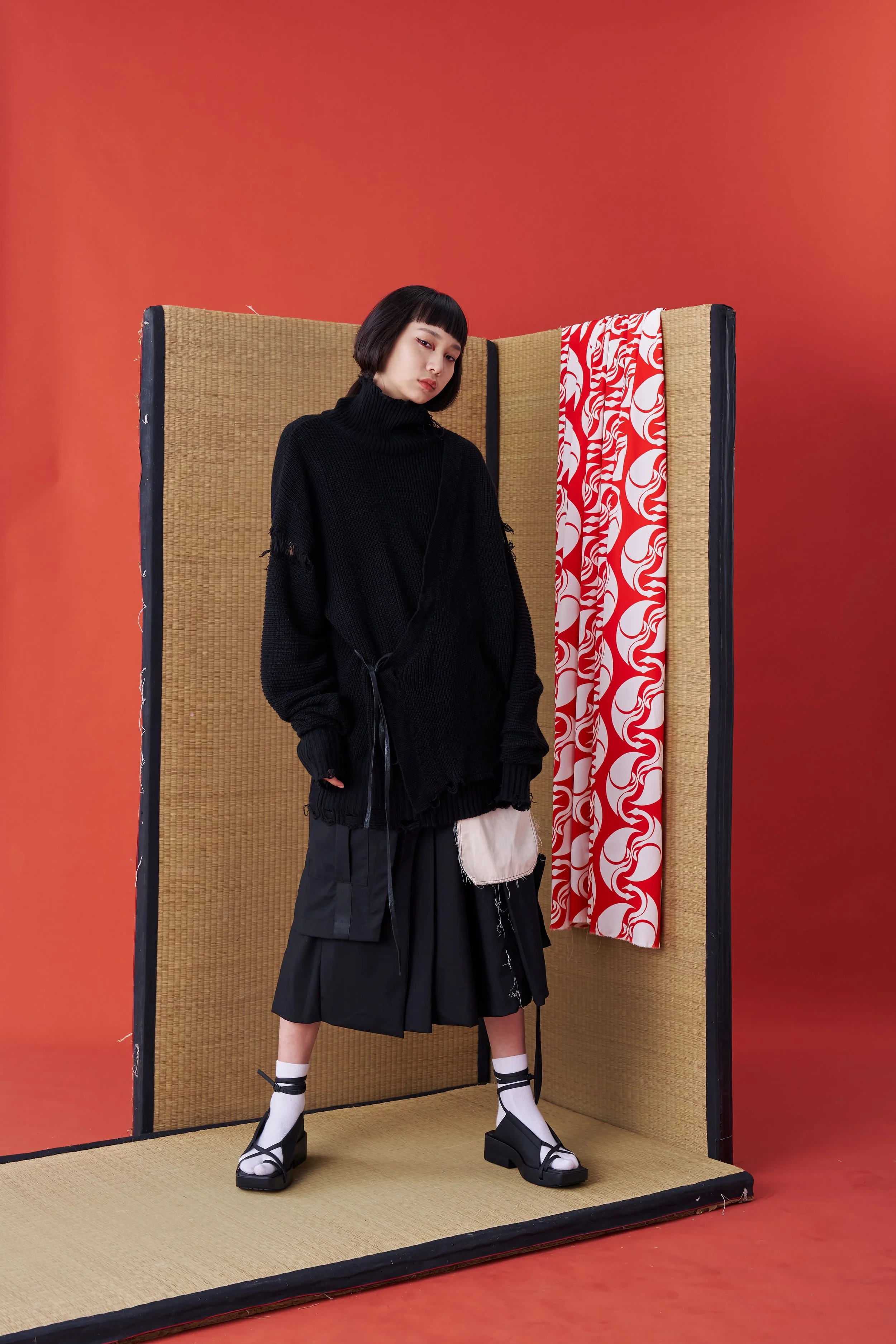 Deconstructed Sweater with Faux Front Placket and Side Tie Straps (Black)