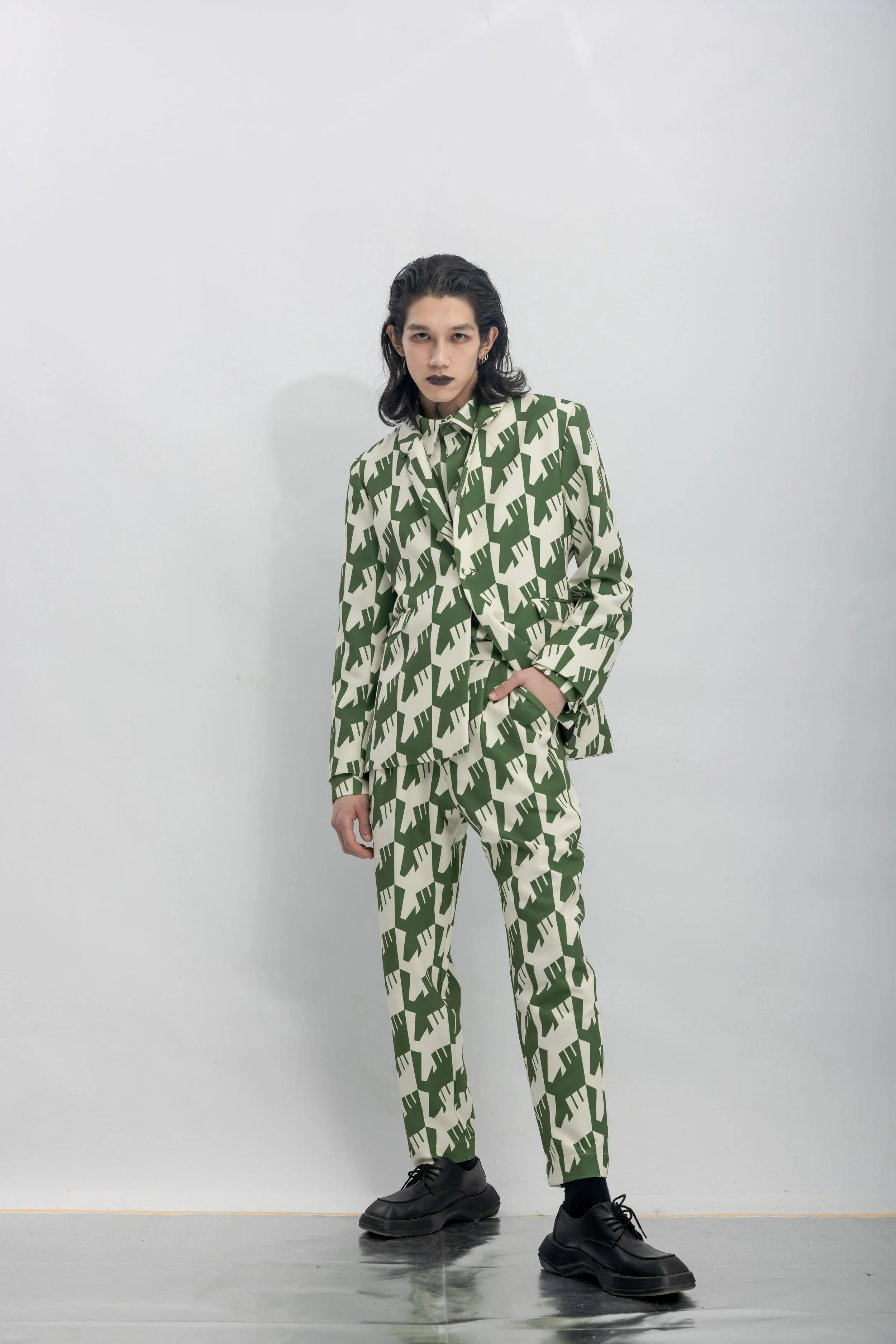 INF  Raven Houndstooth Print Blazer  Olive Green (10).jpg