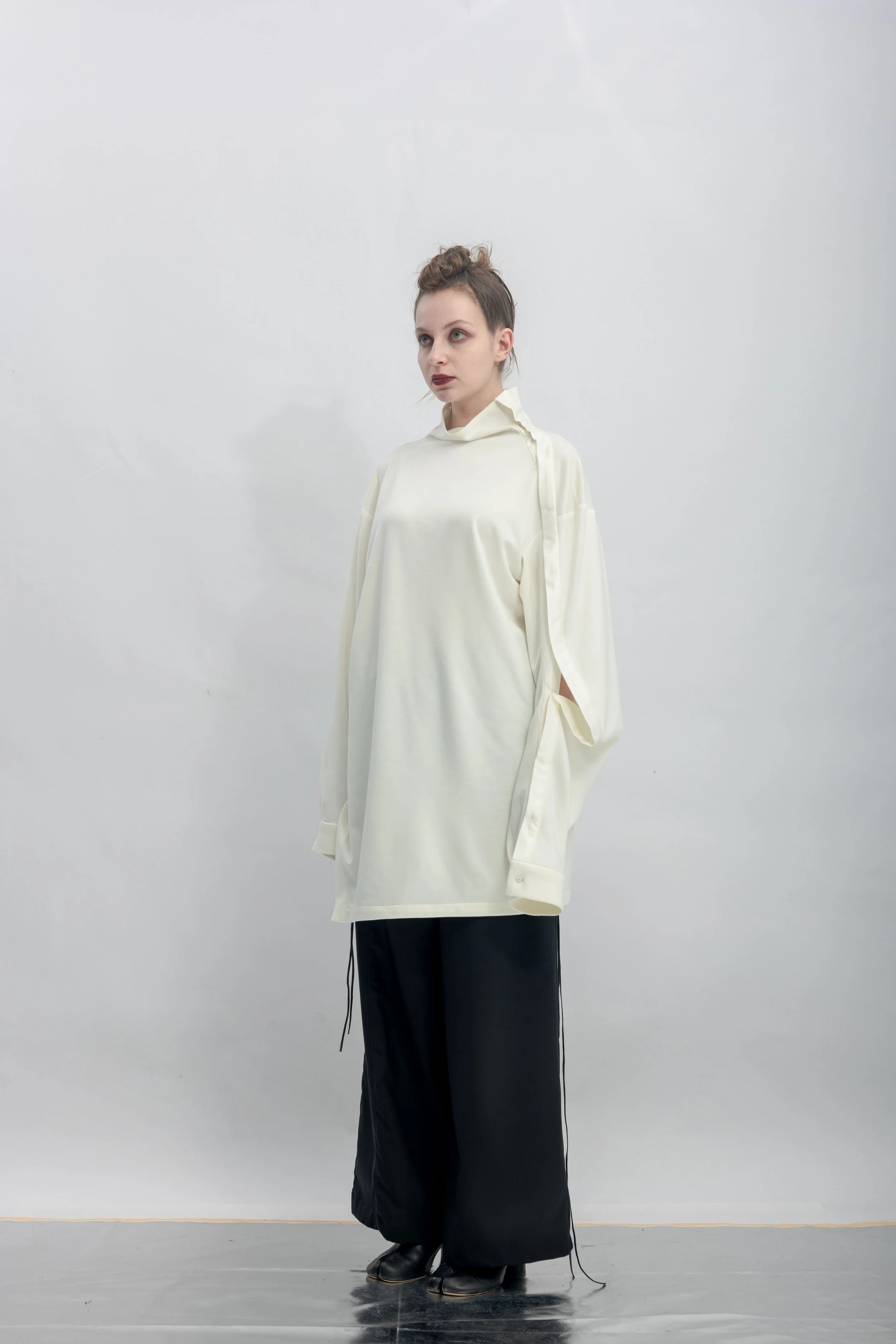 INF  Deconstructed One-Sleeve Stand Collar Top  White (19).jpg