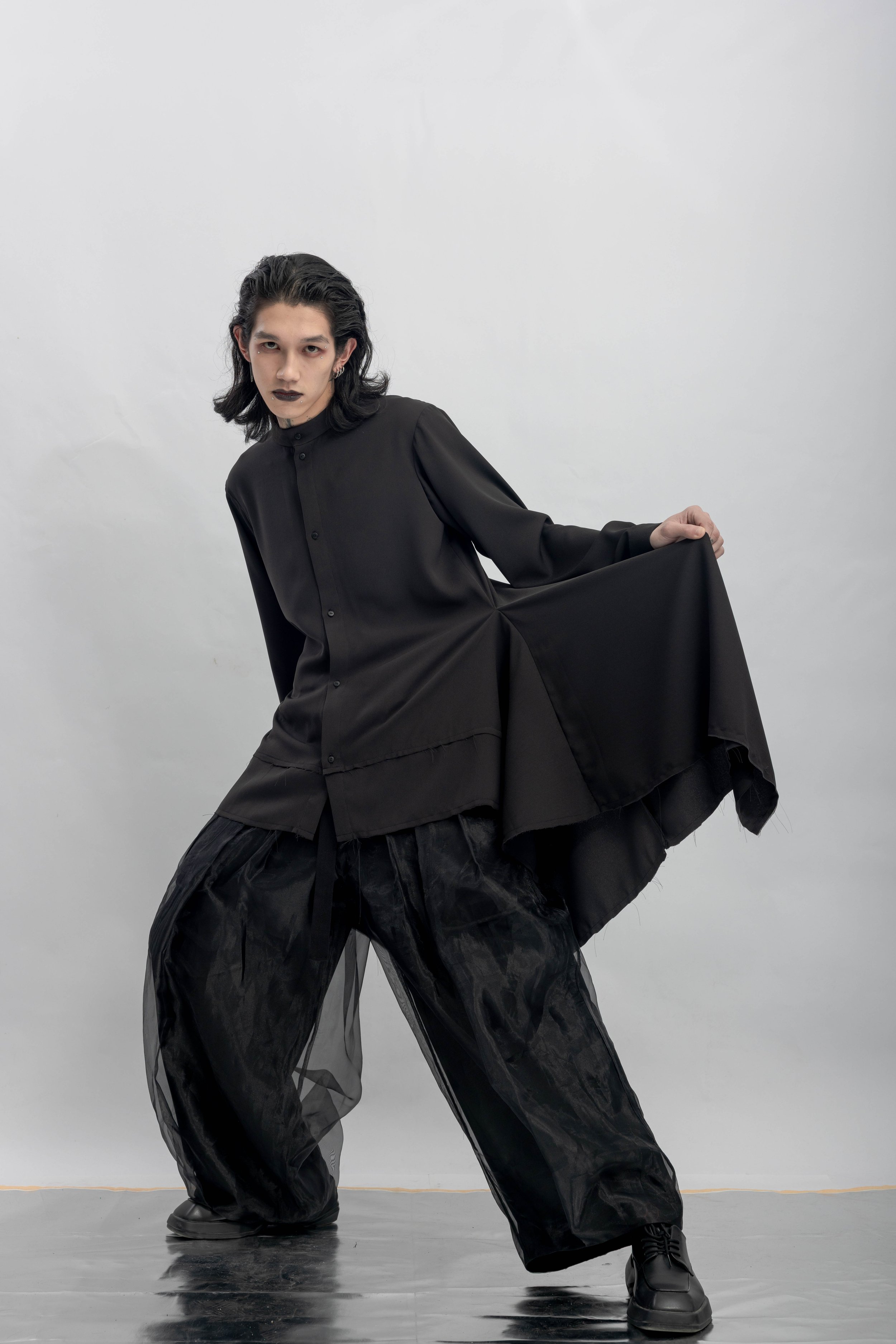 INF Stand Collar Asymmetric Draped Shirt / Black — INF - Garment for ...
