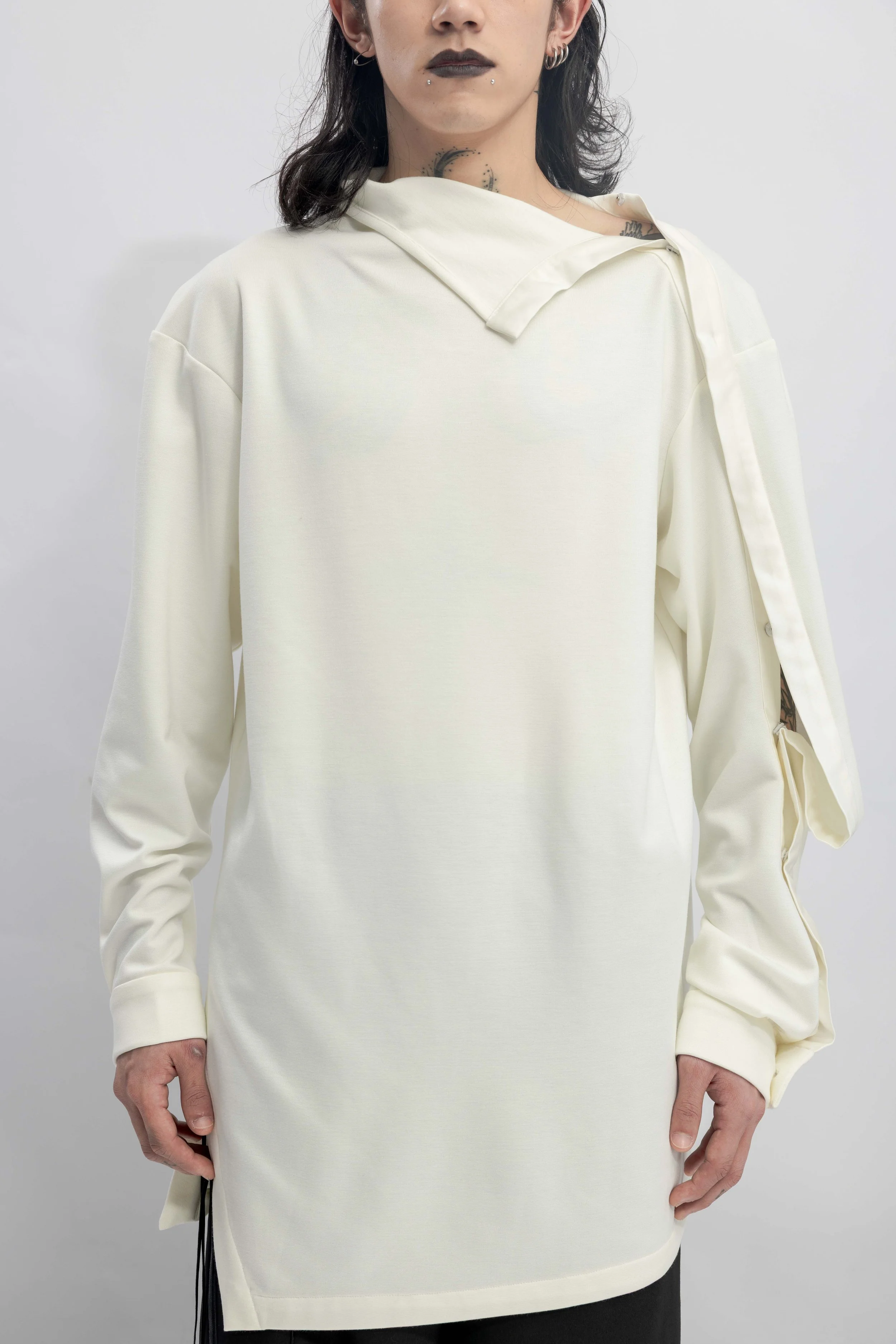 INF  Deconstructed One-Sleeve Stand Collar Top  White (17).jpg