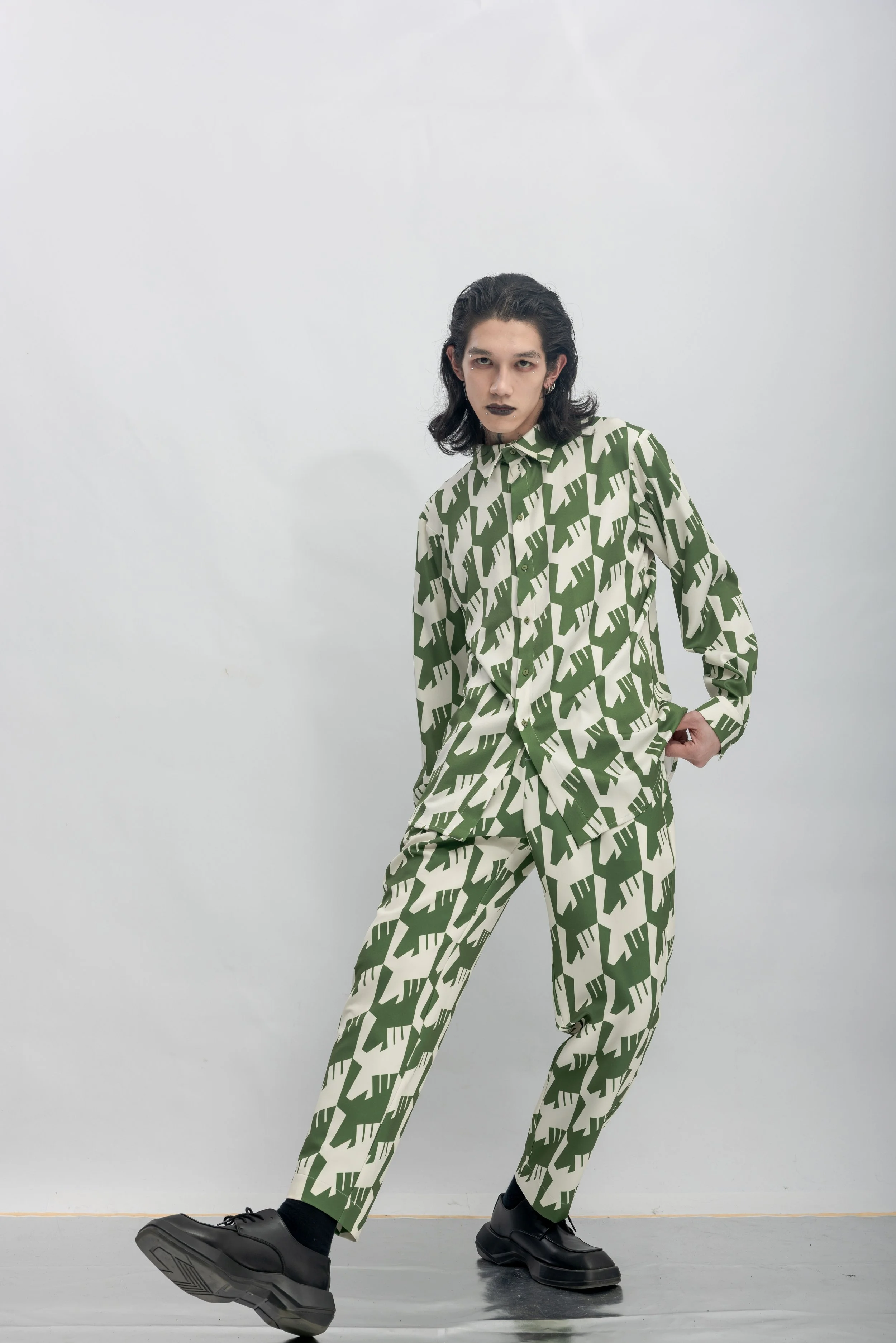 INF Raven Houndstooth Print Shirt  Olive Green (9).jpg