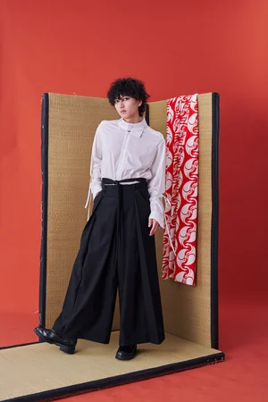 INF Japanese hakama-style Deconstructed Wide-leg Trousers(Black 