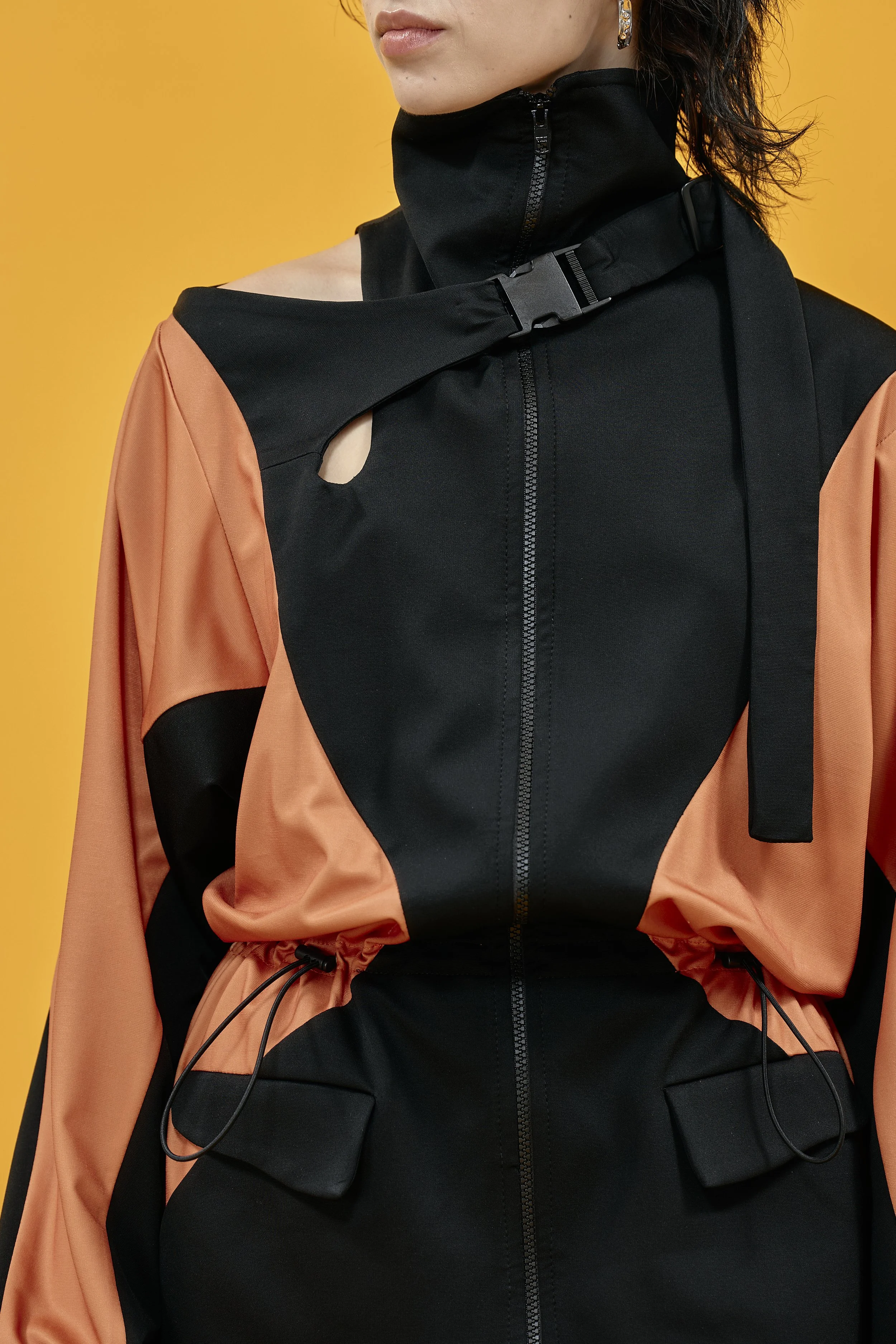 INFDARK Asymmetric Cinched-Waist Jacket  Black-Orange (12).jpg