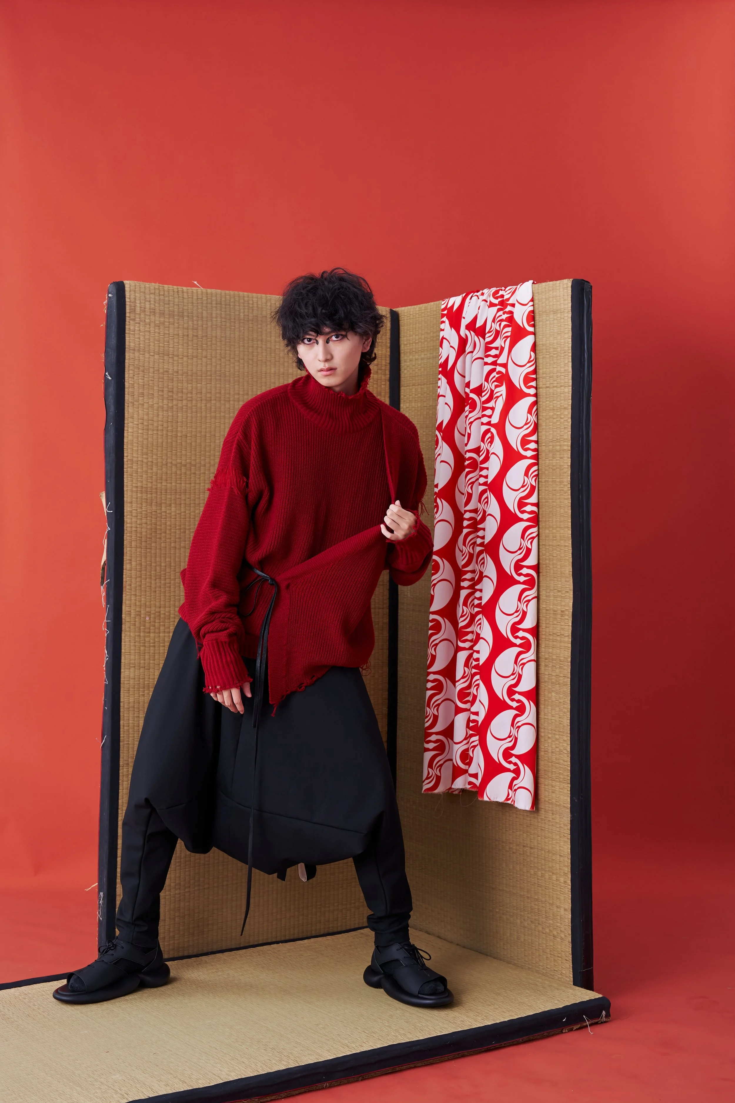 INF  Deconstructed Sweater with Faux Front Placket and Side Tie Straps (Red)