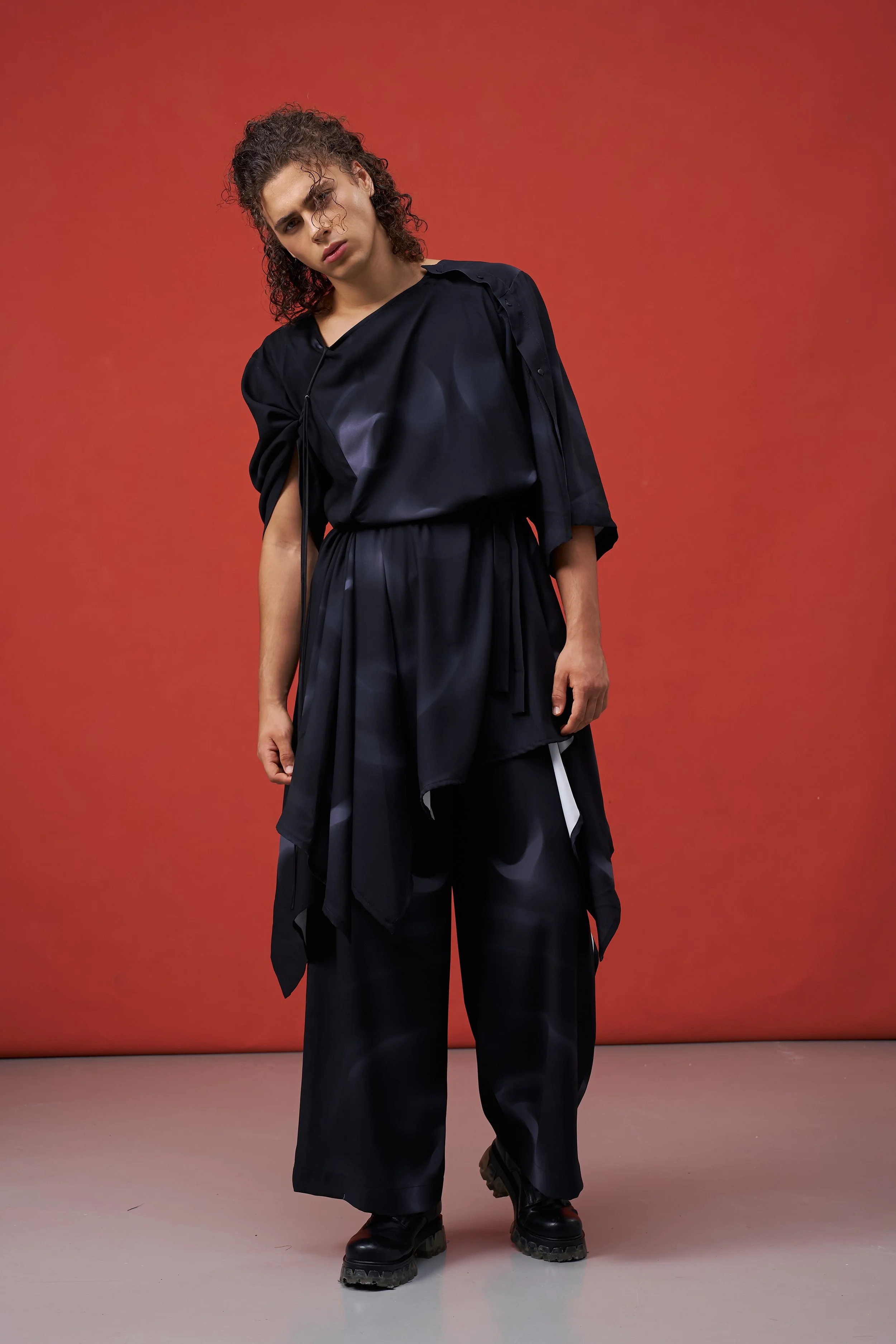 INF  MRI Rendered Black Printed Asymmetric Dress