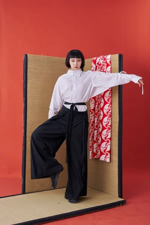 INF Japanese hakama-style Deconstructed Wide-leg Trousers(Black 