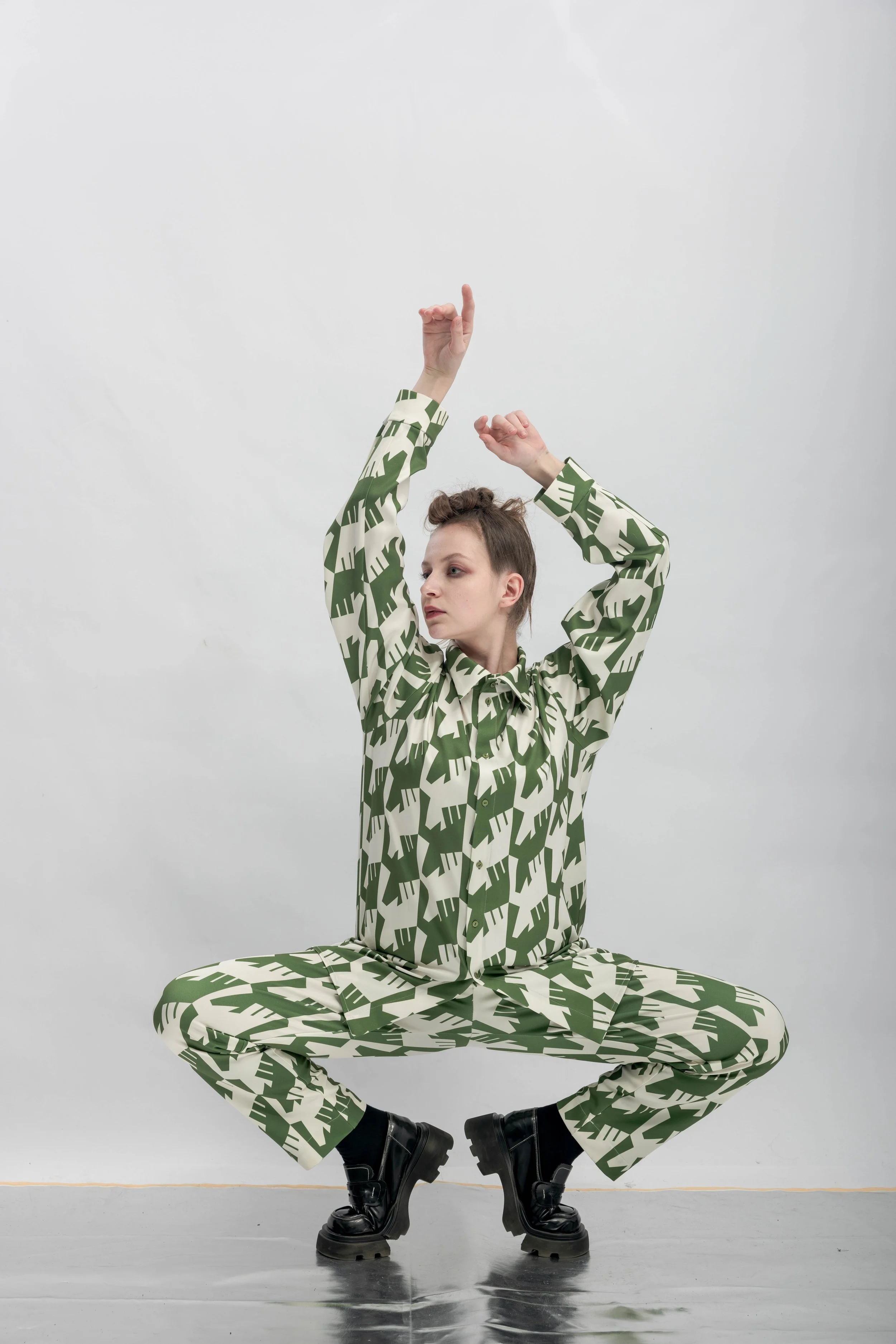 INF Raven Houndstooth Print Shirt  Olive Green (1).jpg