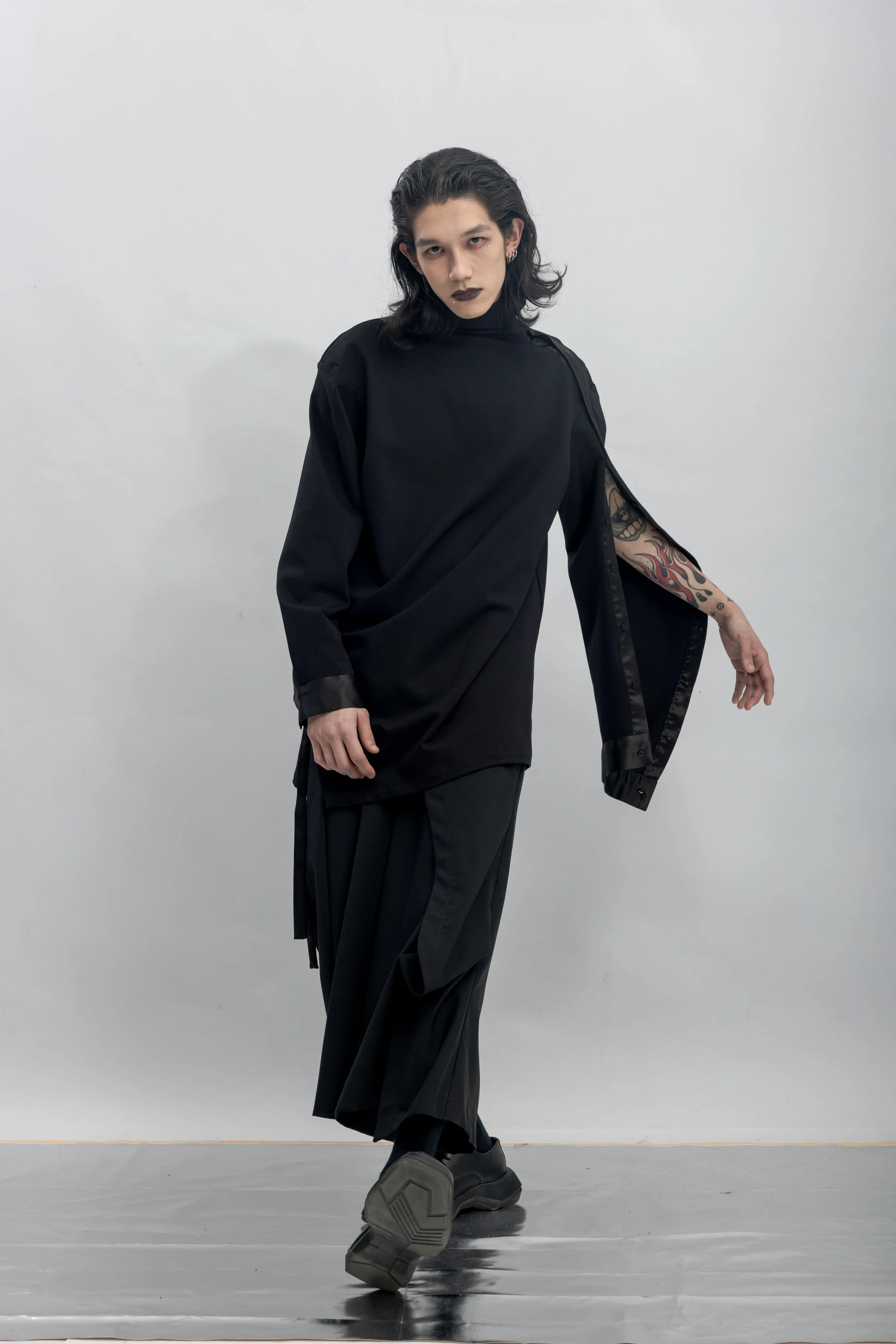 INF Deconstructed One-Sleeve Stand Collar Top  Black (1).jpg
