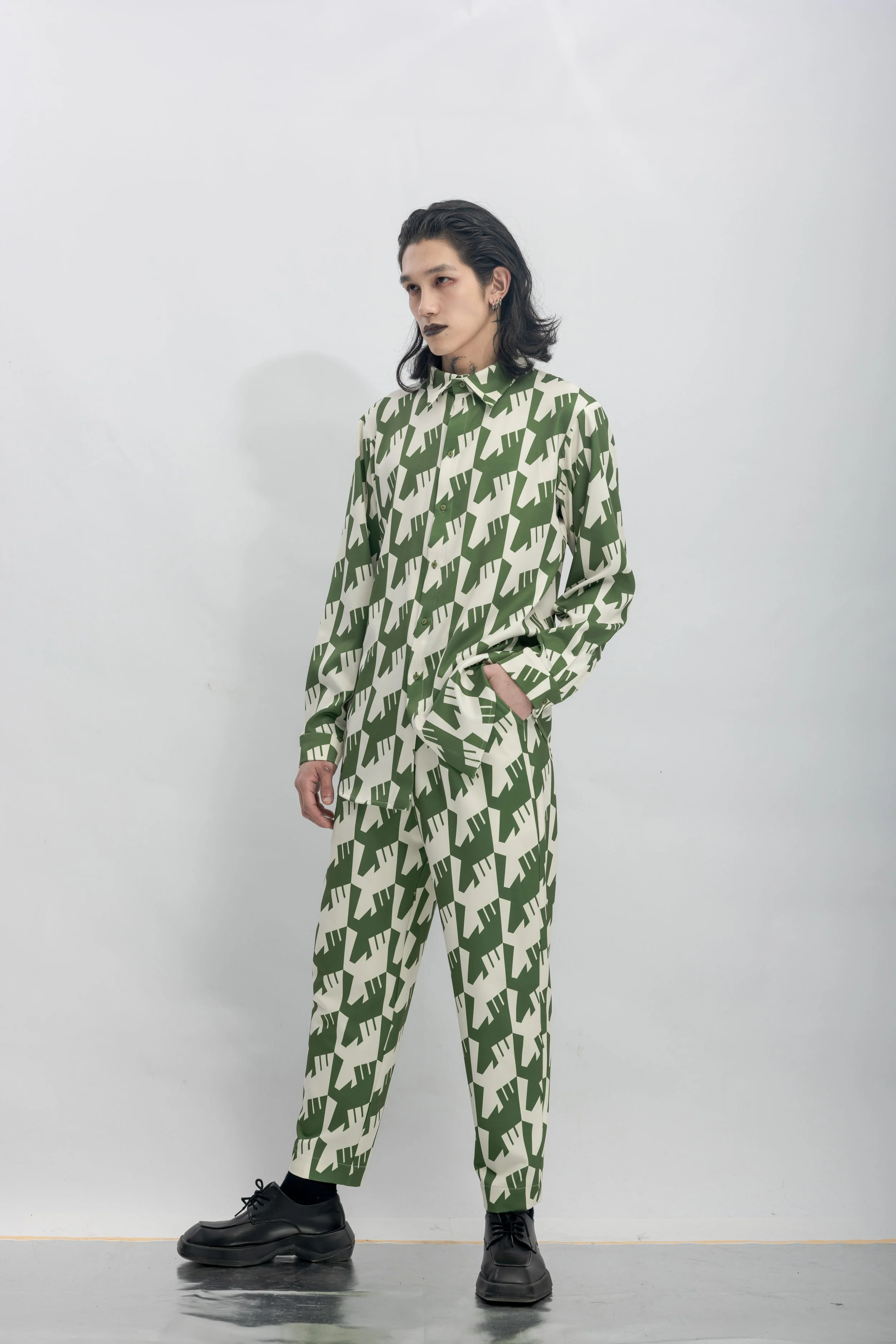 INF Raven Houndstooth Print Shirt  Olive Green (6).jpg