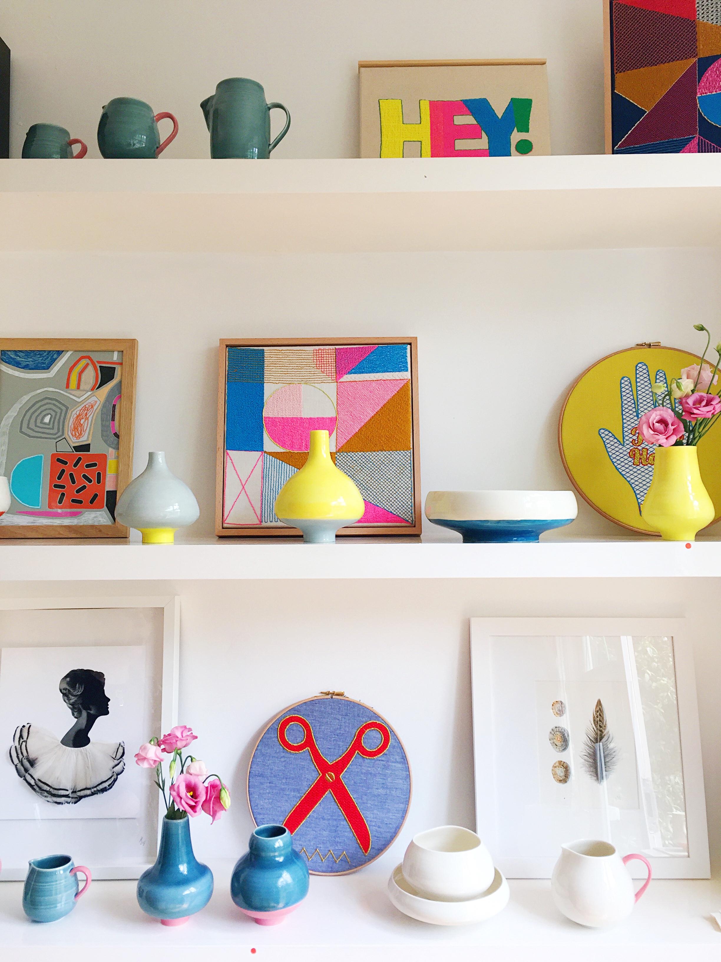 Ceramics by Mimi Joung and textile art by Melanie Bowles at Julia McKenzie 's house