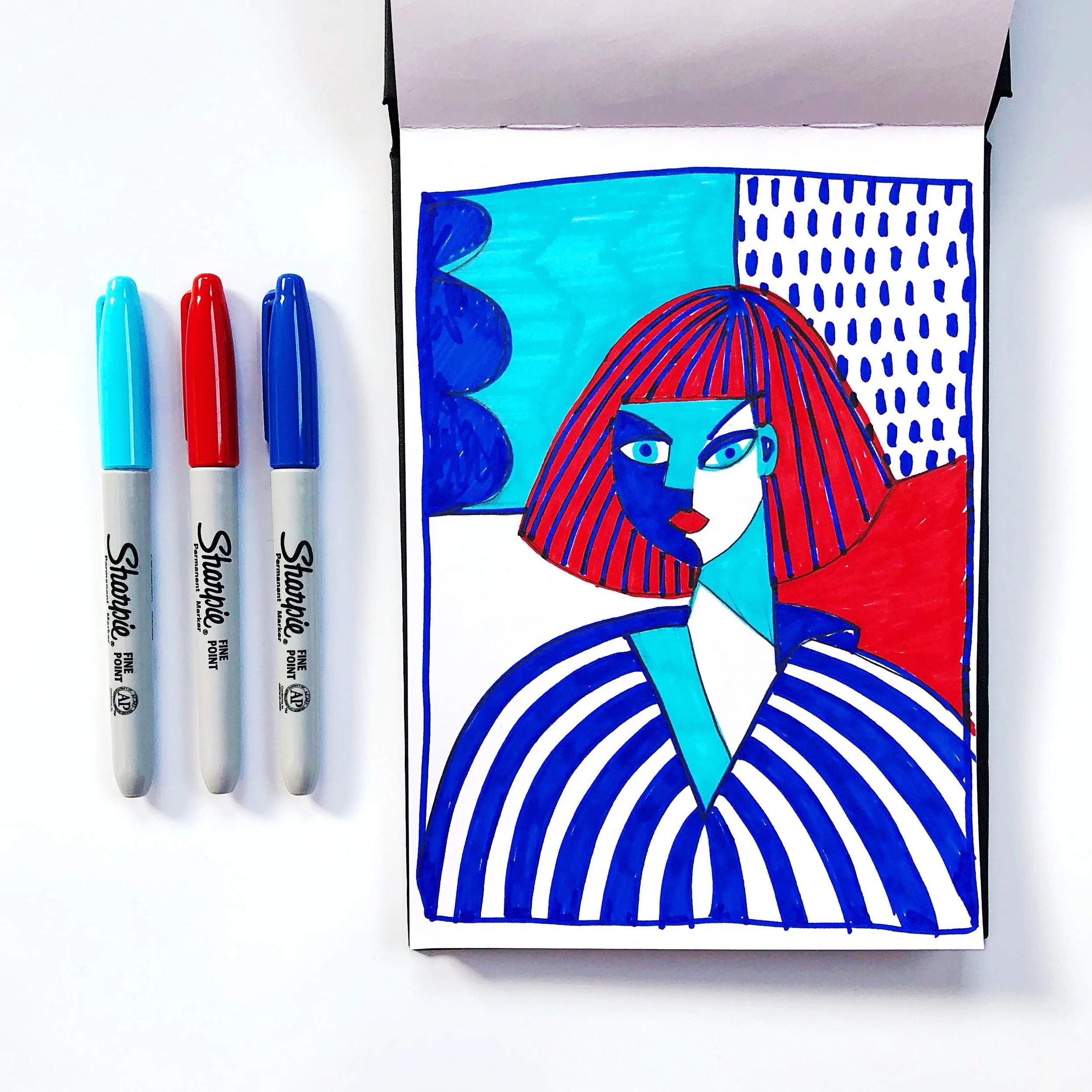 Week 2, day 1 - draw this Claire Prouvost illustration in your style and only in red and blue (and in my case giving myself a Sharpie fume headache in the process!!).