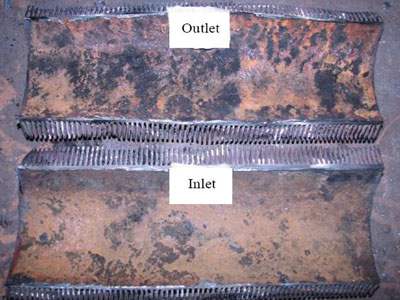 Corrosion is evident on all internal surfaces of the tubes, with more severe corrosion shown in the outlet segment. Image couresty of Oil and GAs Journal, www.ogj.com. 