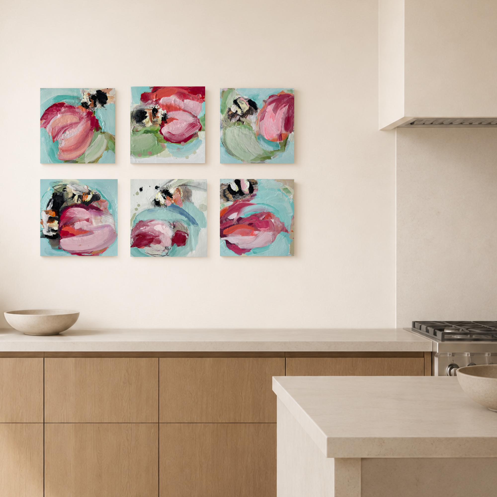  set of 6 bees 
all pieces are 12x12 in 
$400 each 
available at canvas gallery 