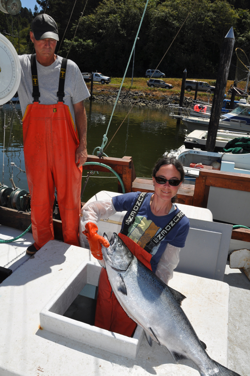 Laura pulling a King Salmon from the fish hold