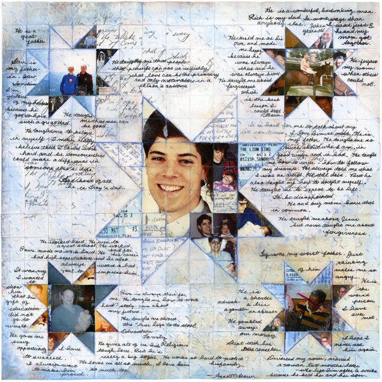 Five Fathers Ink & Colored Pencil on notes and photographs from my childhood; Collage 16" x 16" 2016