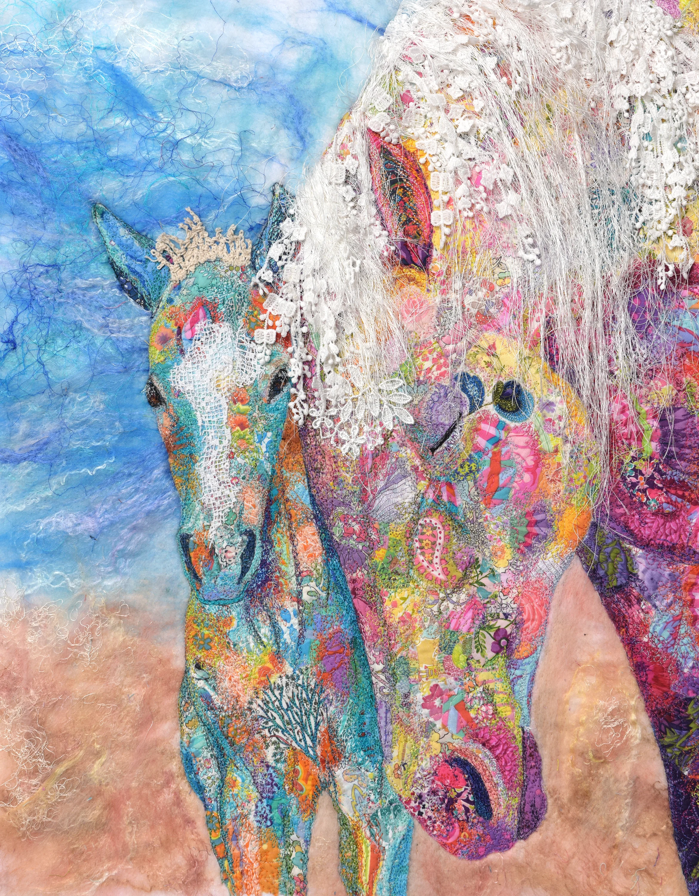 Adoration Inspired by meditation I was shown and felt the deep connection of “motherhood,” and protection it embodies. This precious bond perpetuates survival, yet does not guarantee it. Mountain lions, storms and fights within the herd are a constant threat. I used delicate fibers such as banana fibers and lace to symbolize the uncertainty that awaits this colt. Tree motifs were incorporated to represent their strong family roots. Techniques: Machine embellished, wet-felted, free-motion embroidery, raw appliqué, thread painting Materials: Cotton, lace, Merino wool, tussah silk, banana fibers, vintage doilies Original art. Photo reference with permission by Kent Keller