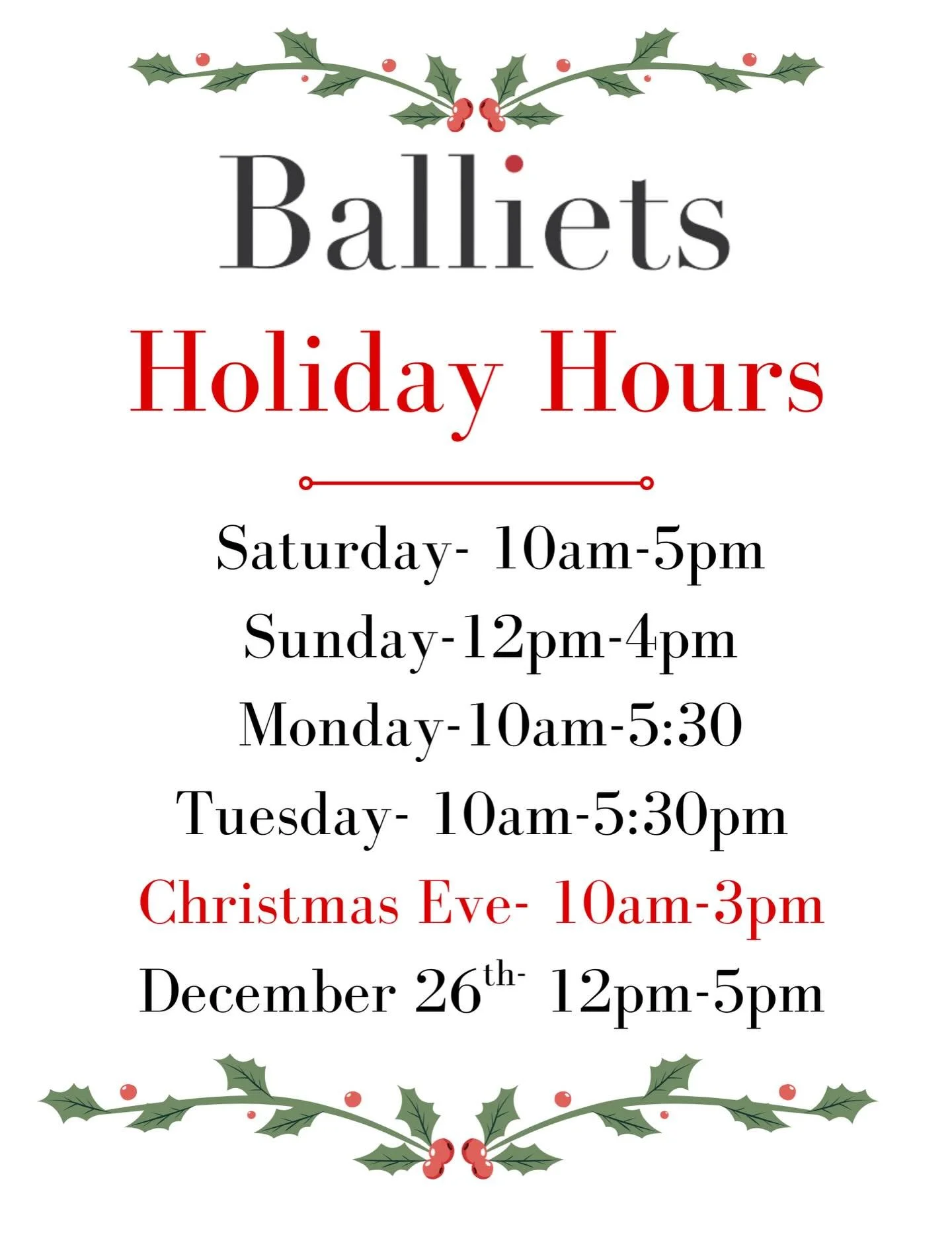 Balliets Holiday Hours!! We are are to help you with all your gifting needs! 🎁 #shopballiets