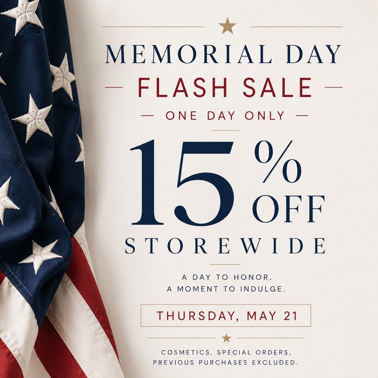 FLASH SALE! Thursday May 21st! One day only! Come shop 15% OFF STOREWIDE!  #shopballiets #memorialdayflashsale
