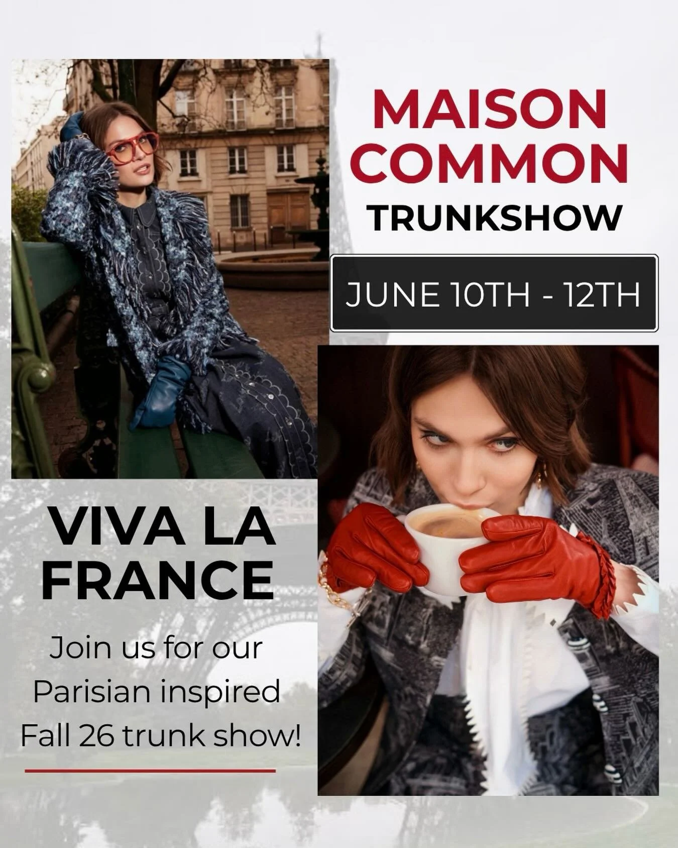 Let&rsquo;s go to Paris! Join us this week for our @maisoncommon Fall 26 Trunkshow! #shopballiets