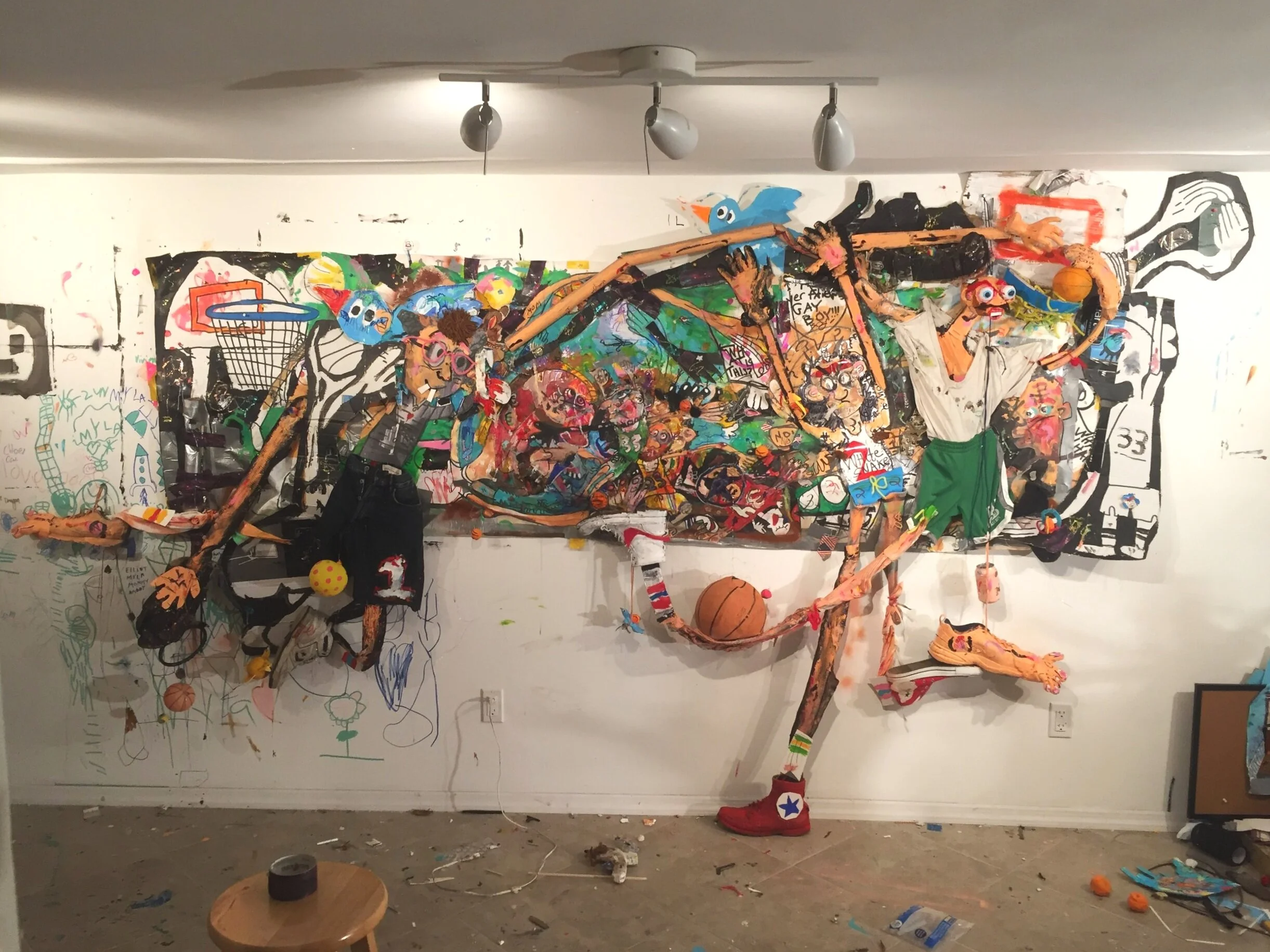 Basketball, or Alley-Oop from the Present to the Past (14'x9', mixed media + esp. shoes and basketballs)