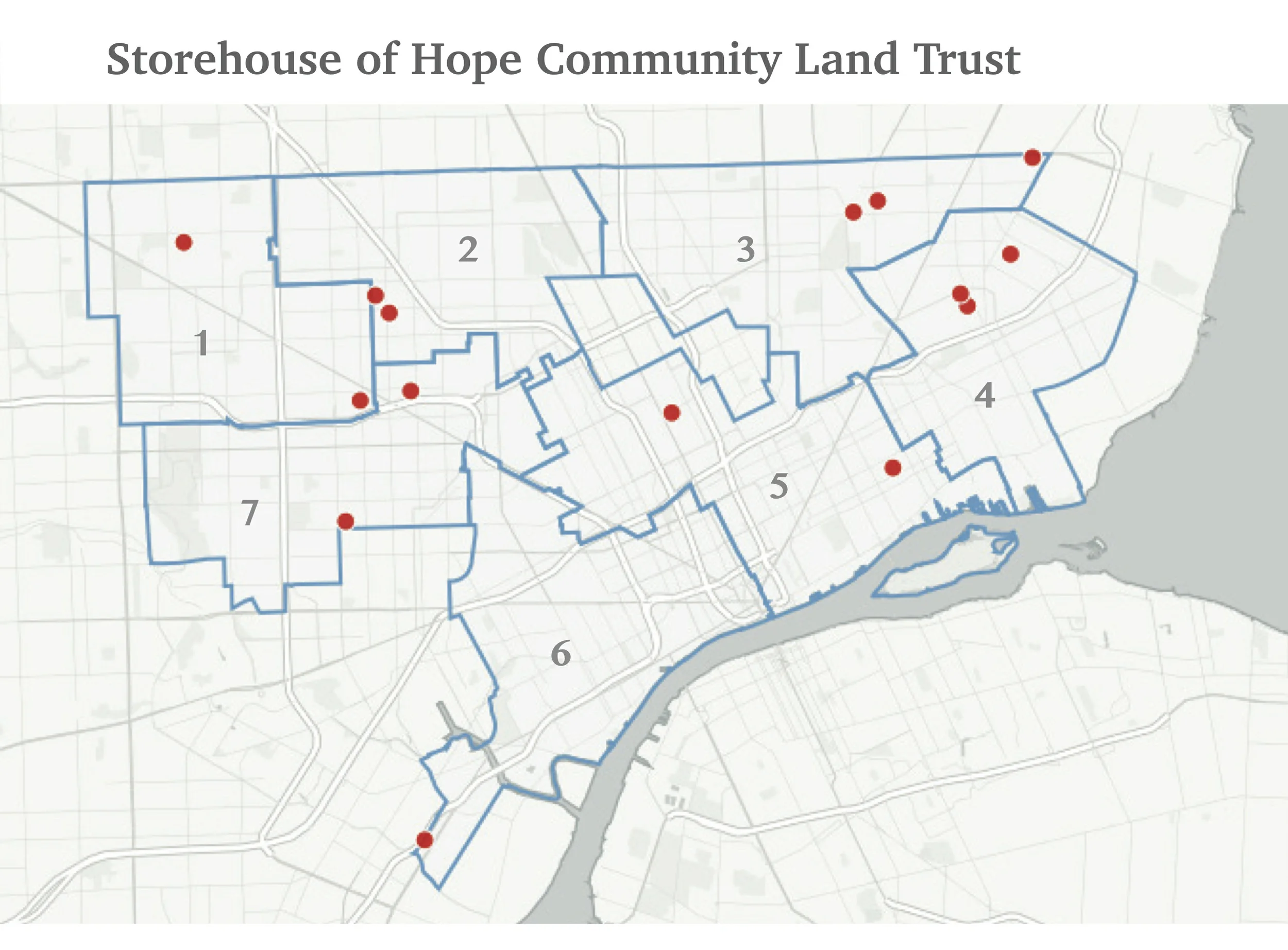 The map indicates the locations of the homes that now make up the Storehouse of Hope Community Land Trust. The homes are located within all seven of the currently identified council districts for the City of Detroit.
