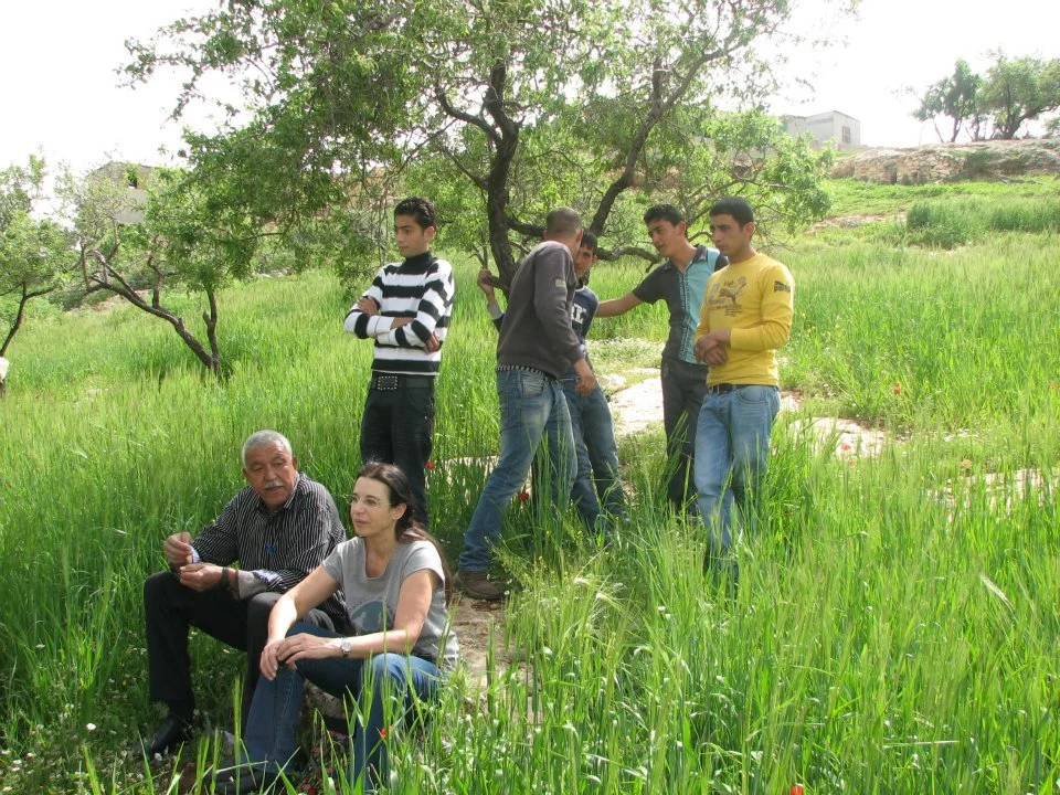 "Me and a Palestinian friend resting, on cessation of work, talking"