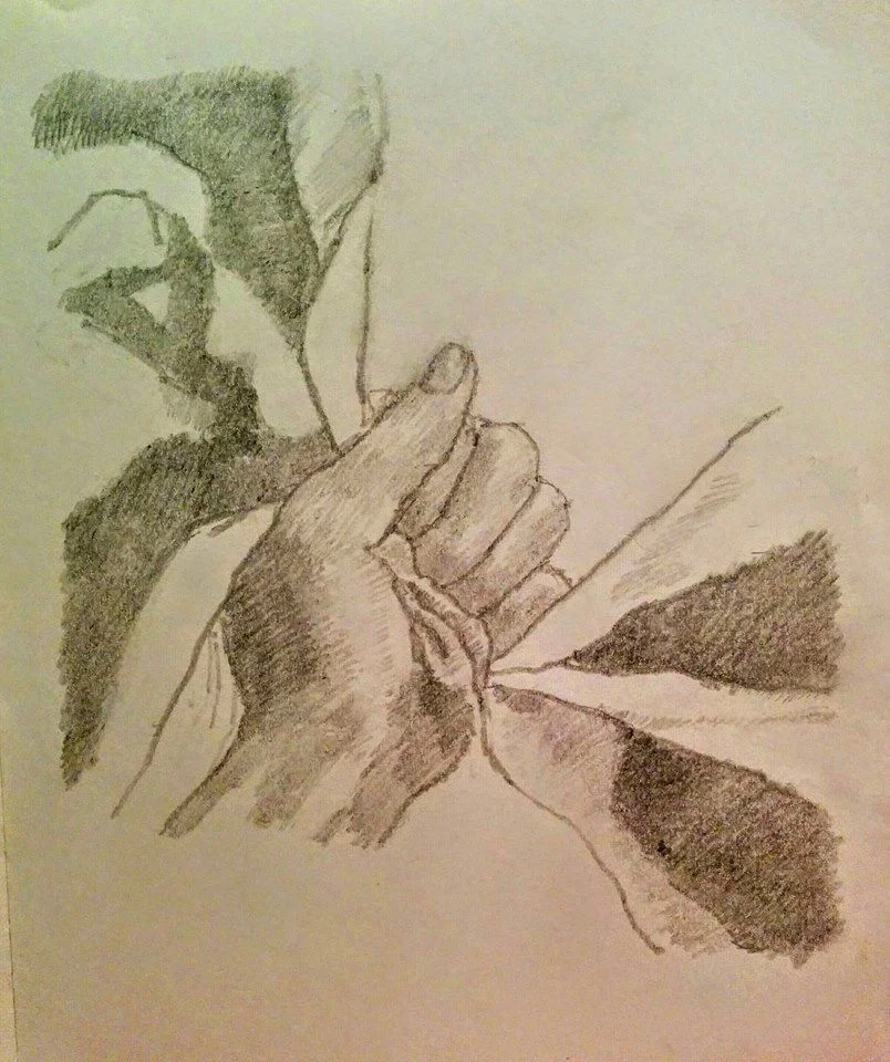 "I used to love our flag. To me it stood for morality and purity. It represented my people in my mind but that changed. I think it's hard to tell if I am holding the flag lovingly or crushing it in this sketch. I tried to put across a feeling of not wanting to let go of this beautiful dream we have as Jewish people returning to the land of our ancestors but at the same time disapproval and shame for all the suffering that has taken place here for the realization of that dream."