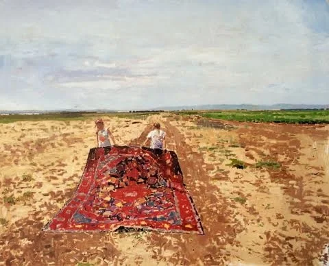 Fatma Shanan, Two Girls Holding a Carpet , 2015, oil on canvas, 80/100 cm