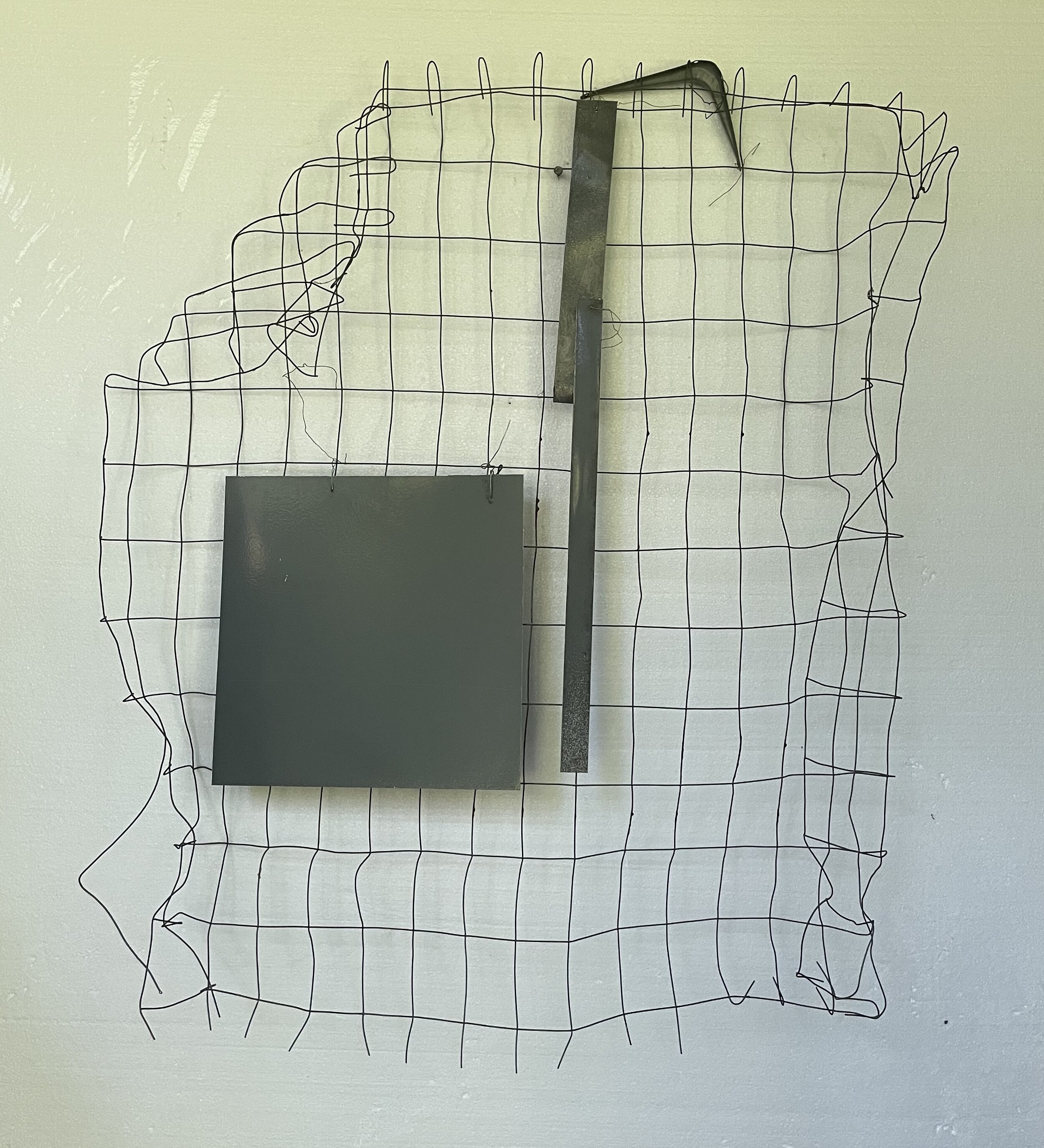   Four Days Before , 2017  Enamel on aluminum, wire, metal bracket on metal grid  36 x 32 in (91.1/2 x 81 cm) 